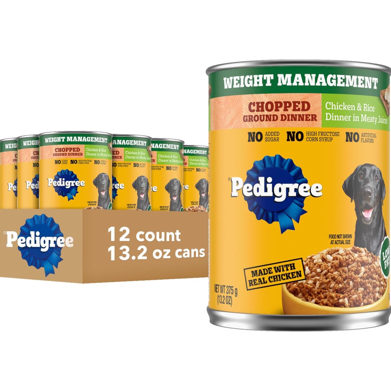 Elefair Pedigree Chopped Ground Dinner Weight Management wet dog food in a can, featuring ground meat and vegetables for dogs.