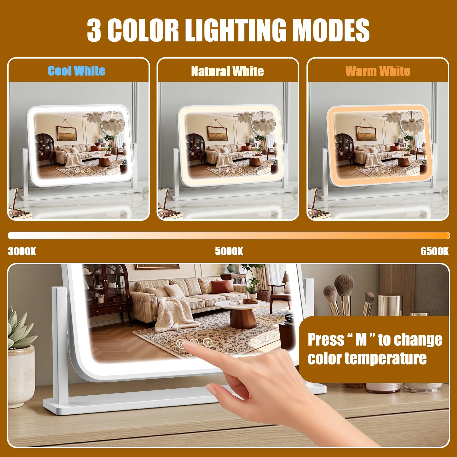 Bearolve Vanity Mirror with Lights, 16.5"×12.2" LED Makeup Mirror - Bearolve Official Product View 3