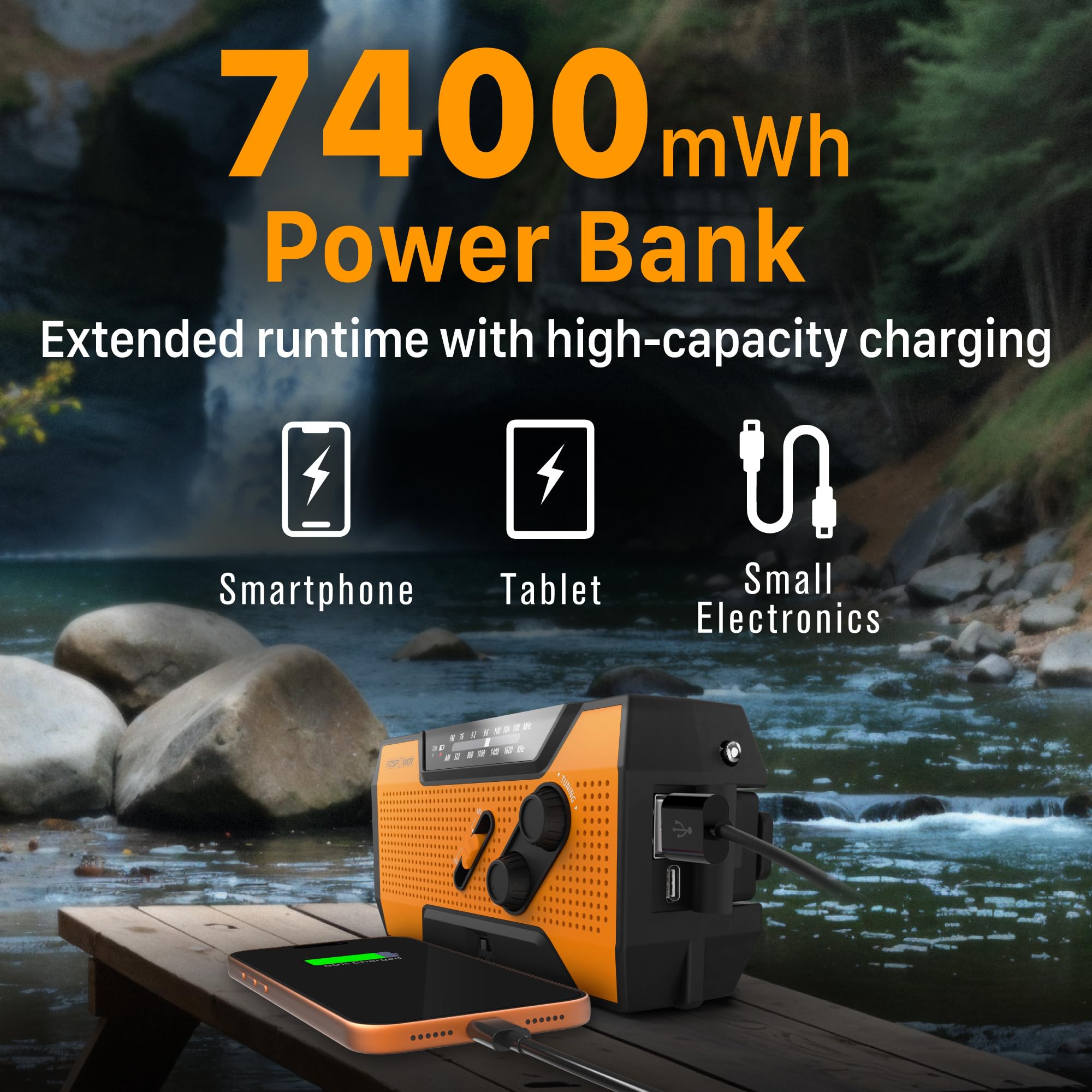 FosPower NOAA Emergency Weather Radio A1 7400mWh Solar Hand Crank - FosPower Official Product View 3