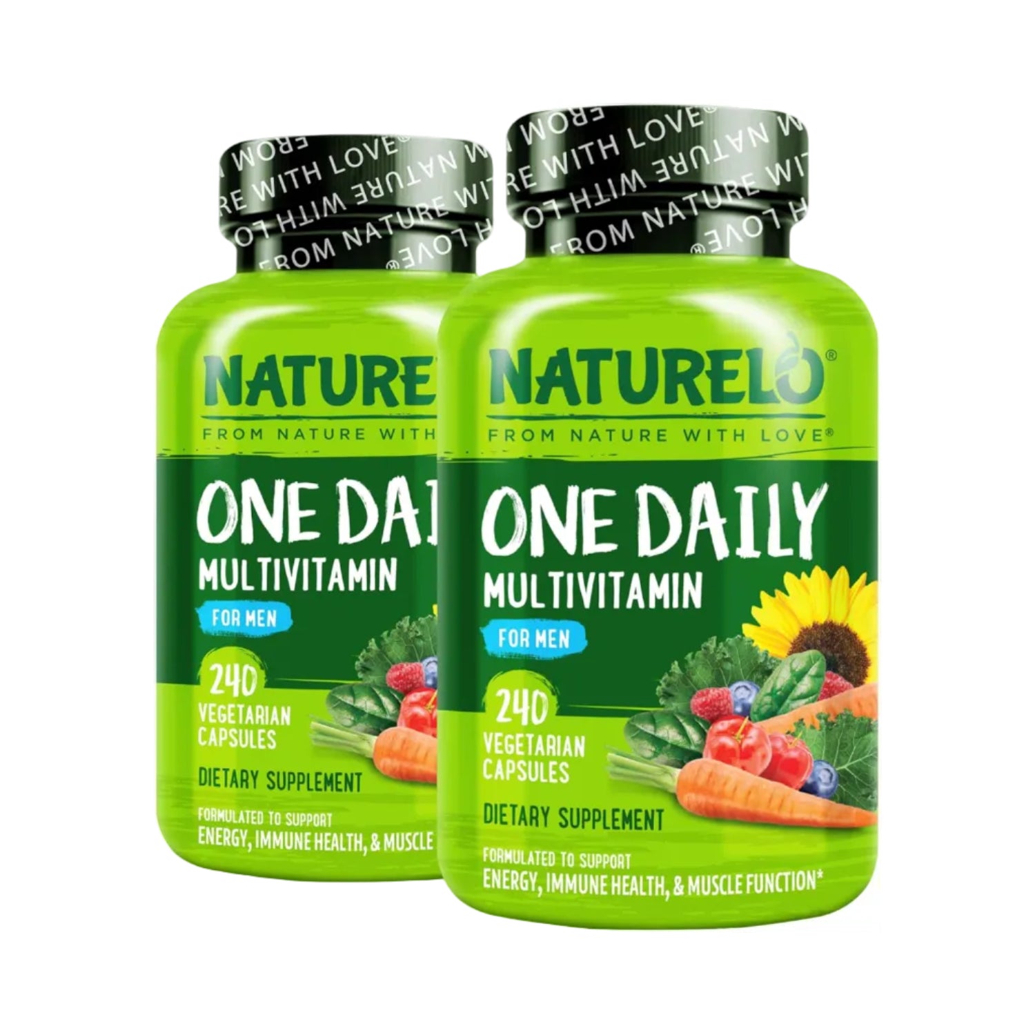 NATURELO Men's Multivitamins bottle with daily multivitamin tablets for men's health and wellness.