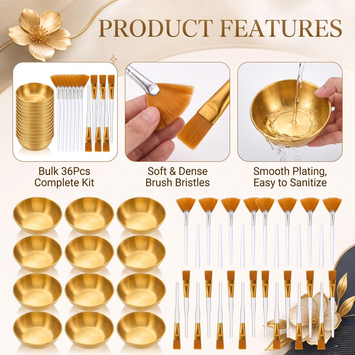 Teenyyou 36pcs Gold Facial Bowls and Facial Brushes for - Teenyyou Official Imagery - 4