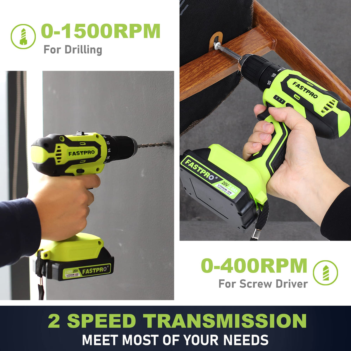 FASTPRO 20V Drill Set Home Tool Kit with Tool Box Green - FASTPRO Official Imagery - 6