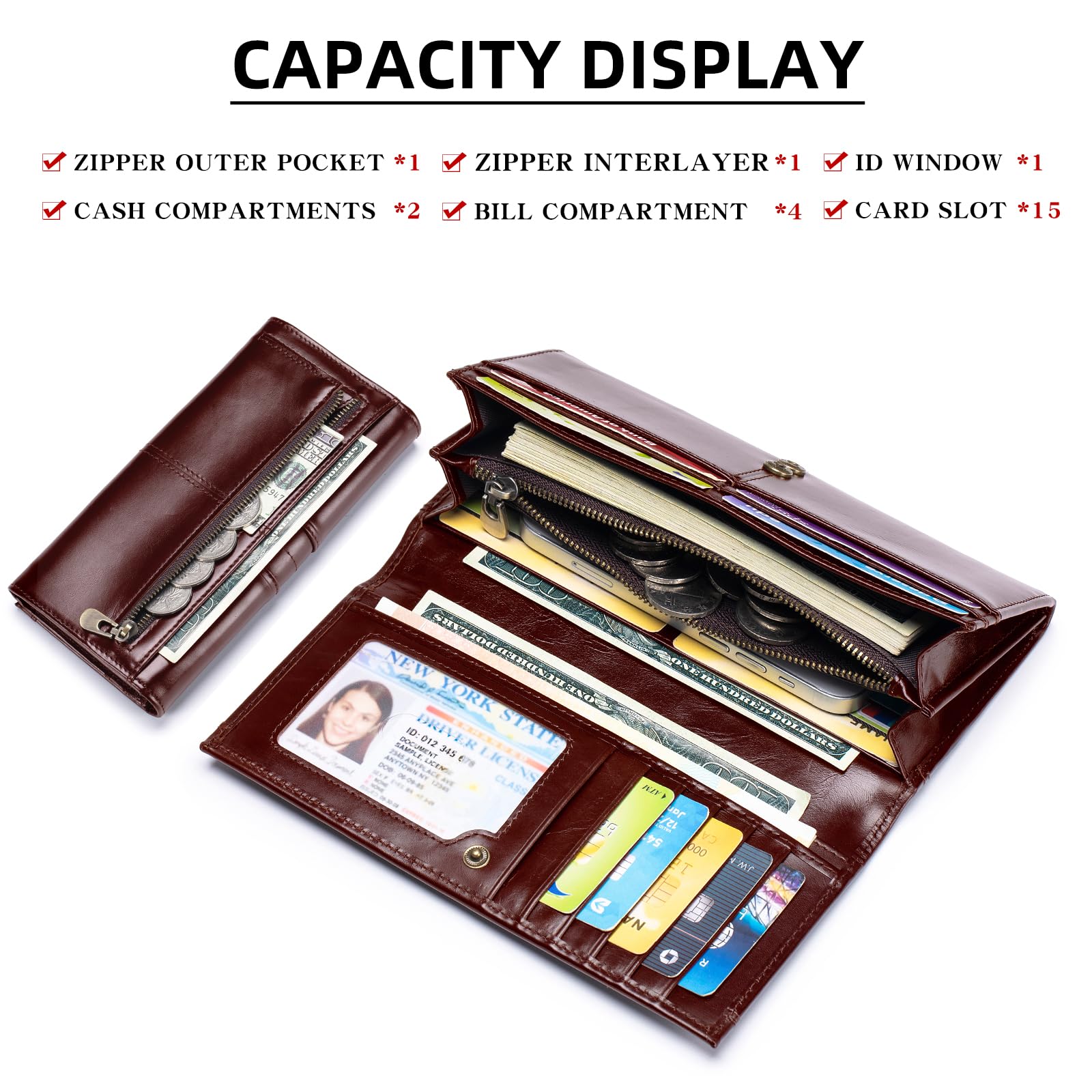 FREYAMIRA RFID Blocking Wallets for Women Leather Long Ladies Wallet Bifold Womens Wallet with Coin Pocket ID Window,Coffee