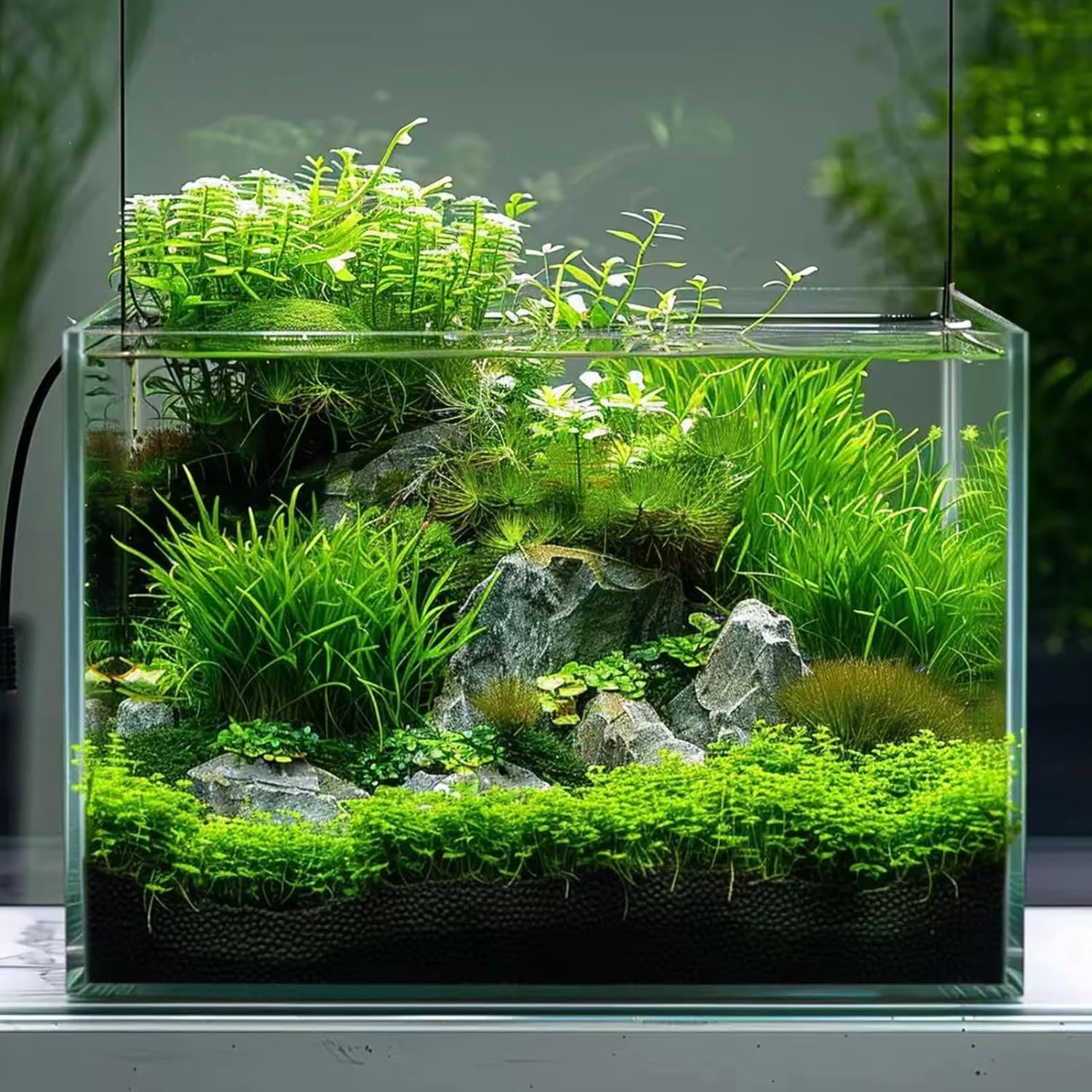 Vimvins 5-gallon glass fish tank with aquatic plants, suitable for betta, goldfish, snails, and shrimp, easy to maintain.