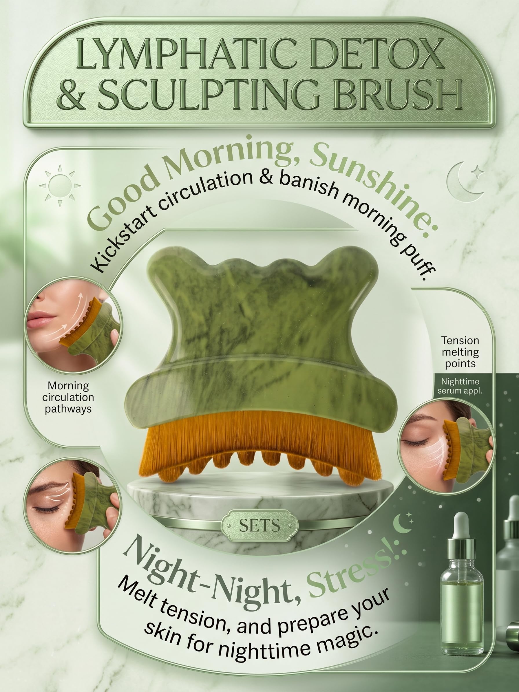 Lymphatic Contour Face Brush 3 in 1 Jade Gua Sha Facial - Vyridell Official Imagery - 5