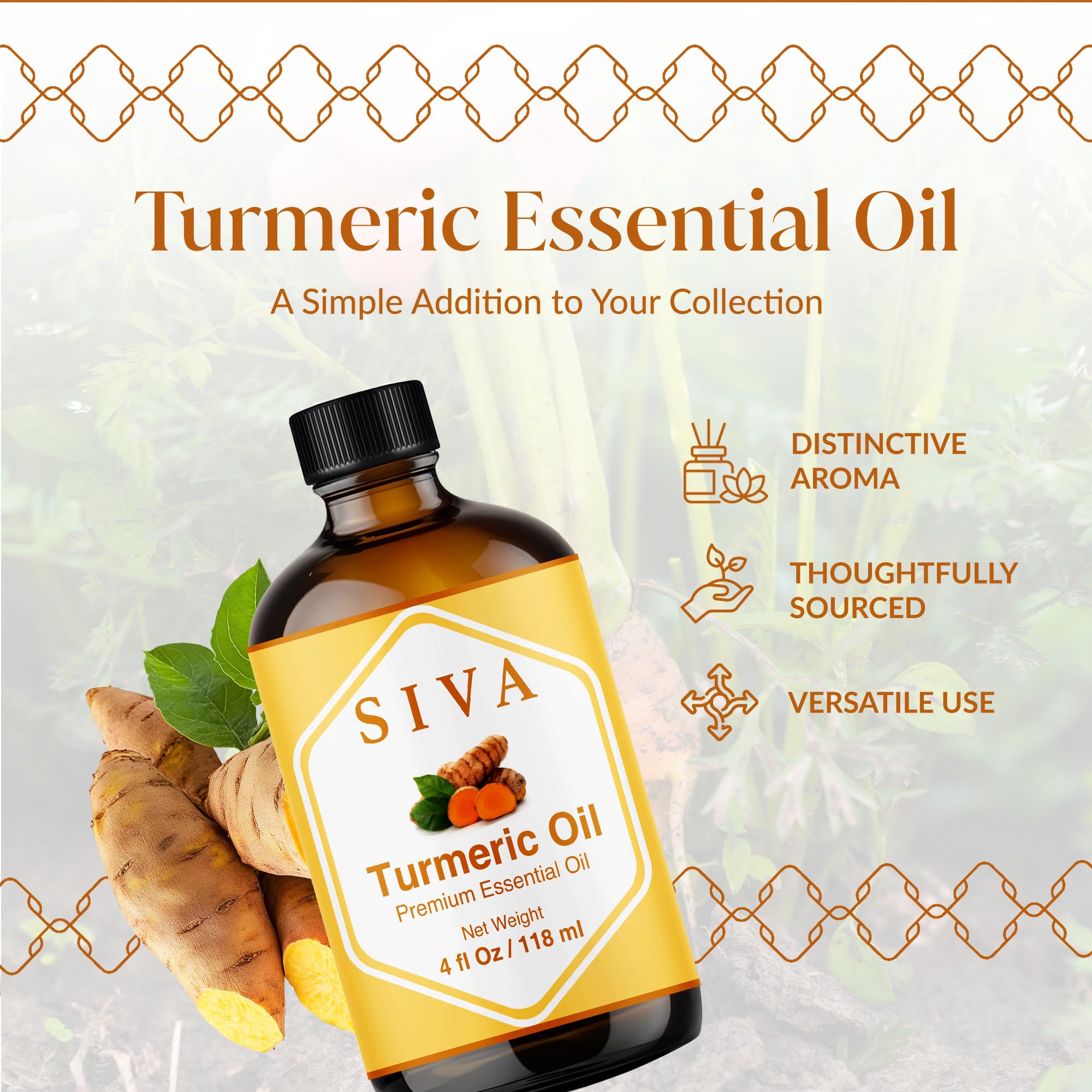SIVA Organics turmeric essential oil in a 4oz glass bottle with dropper, showcasing the amber bottle and product label.