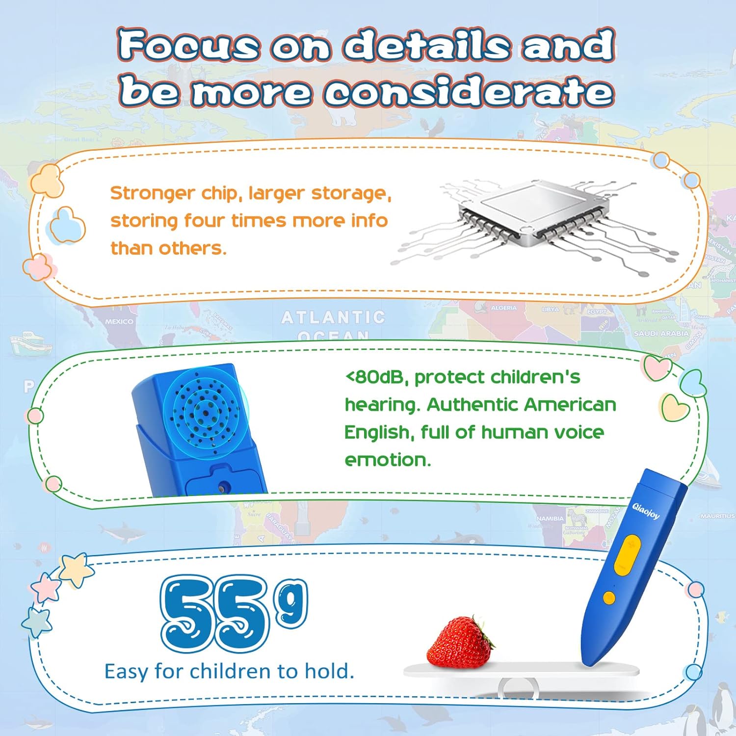 Qiaojoy bilingual interactive world map for kids with colorful illustrations and educational features, ideal for learning and play.