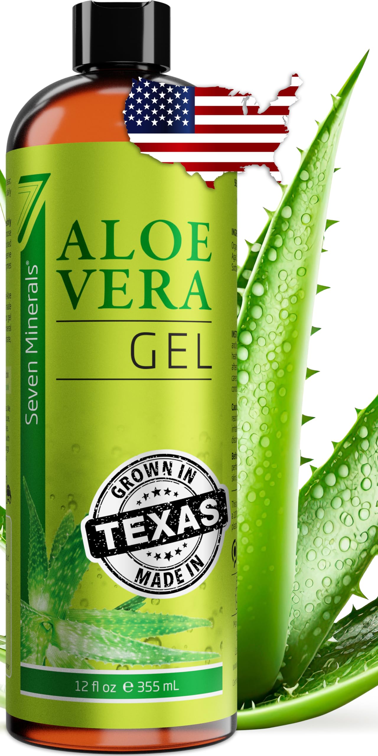 Seven Minerals Aloe Vera Gel with Freshly Cut Pure Organic Aloe - Big 12oz - Texas Grown, HighestQuality, Vegan, Unscented, Non-Sticky - After Sun, Skin & Face Moisturizer, Hair Mask