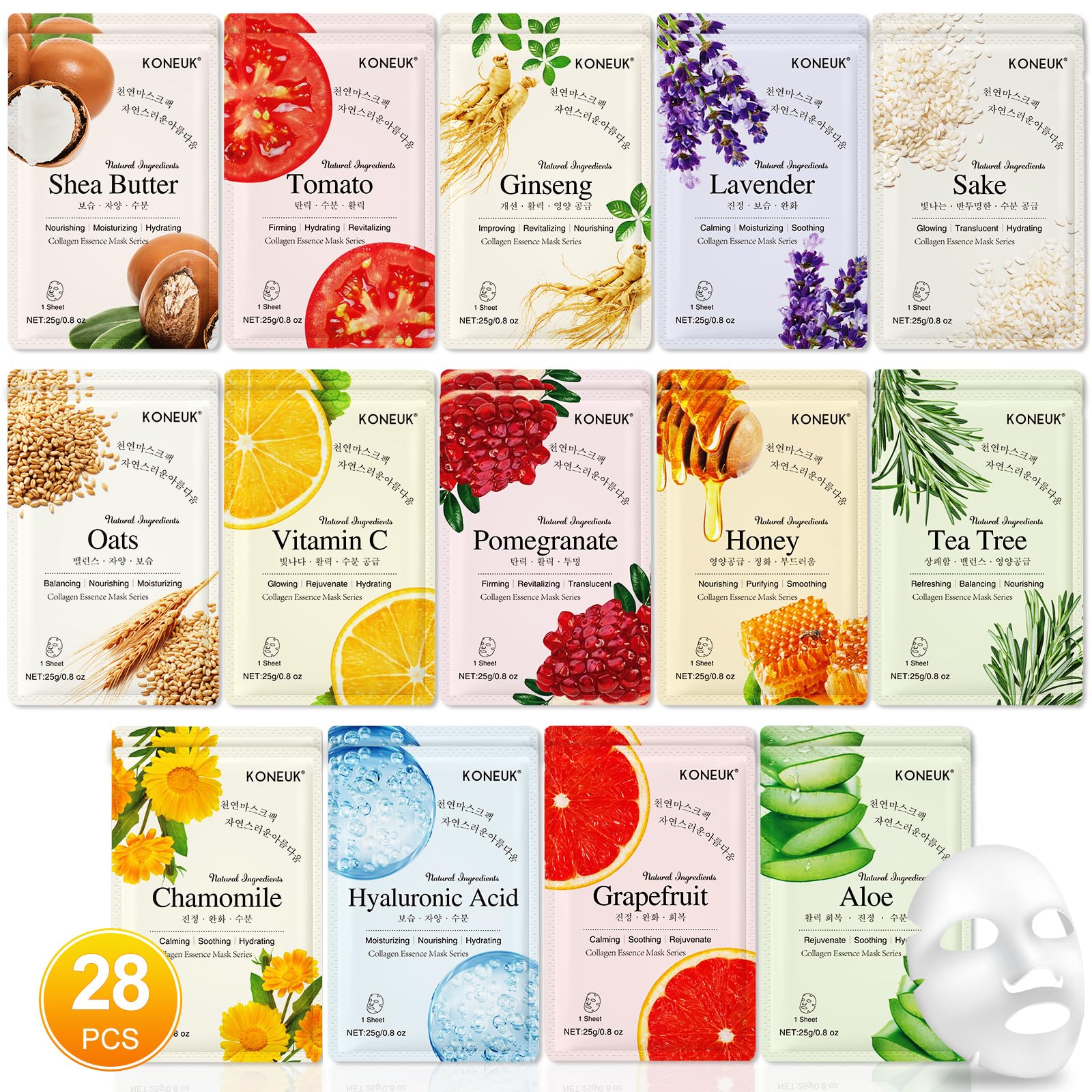 KONEUK 14 Pack Sheet Face Masks Skincare, Hydrating Face Masks - KONEUK