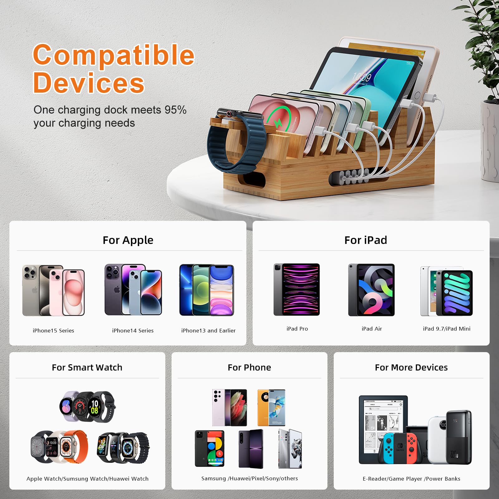 Bamboo Charging Station with 5 Port USB Charger 5 Cables - Pezin & Hulin Official Imagery - 3