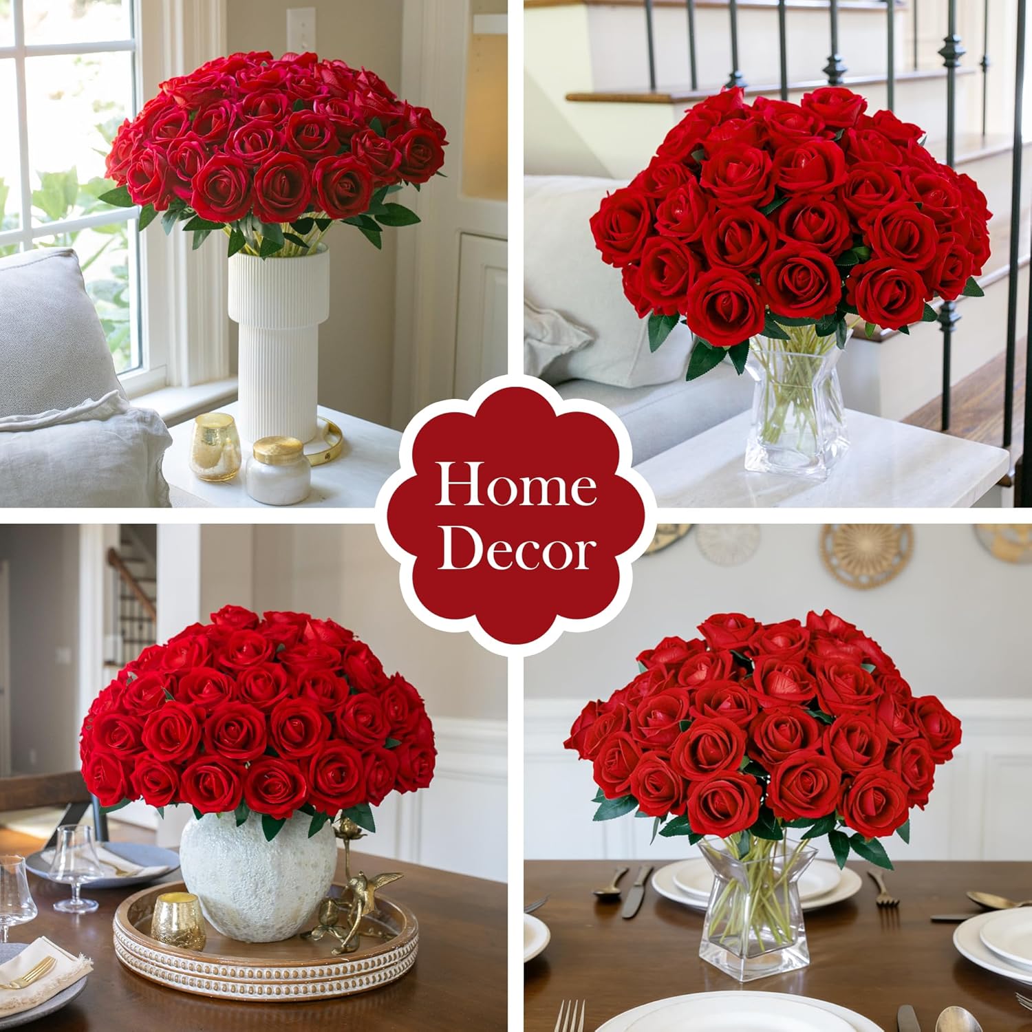 50 pcs red artificial roses with long stems, realistic fake flowers by INSPRING, ideal for floral arrangements and home decor