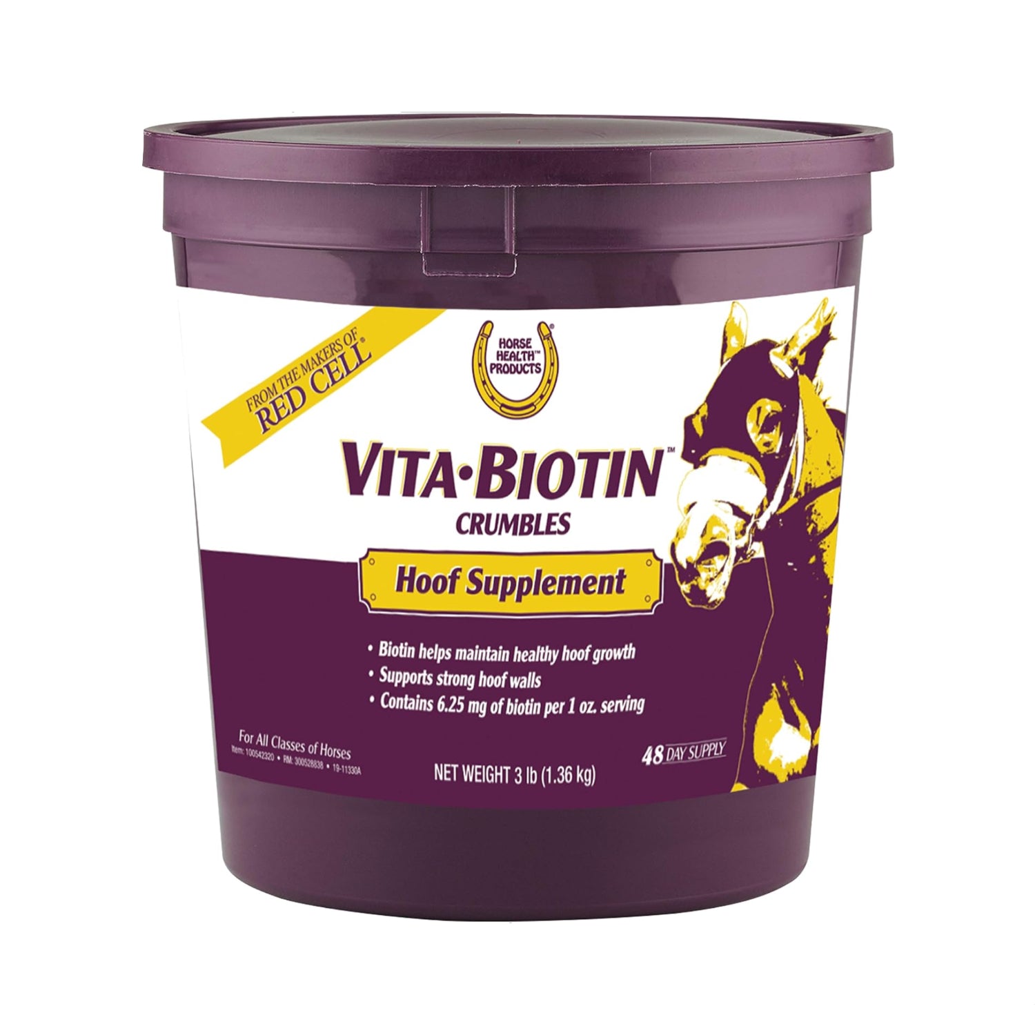 Horse Health Vita Biotin Crumbles horse hoof supplement in a 3 lb container, designed to support healthy hooves and coat.
