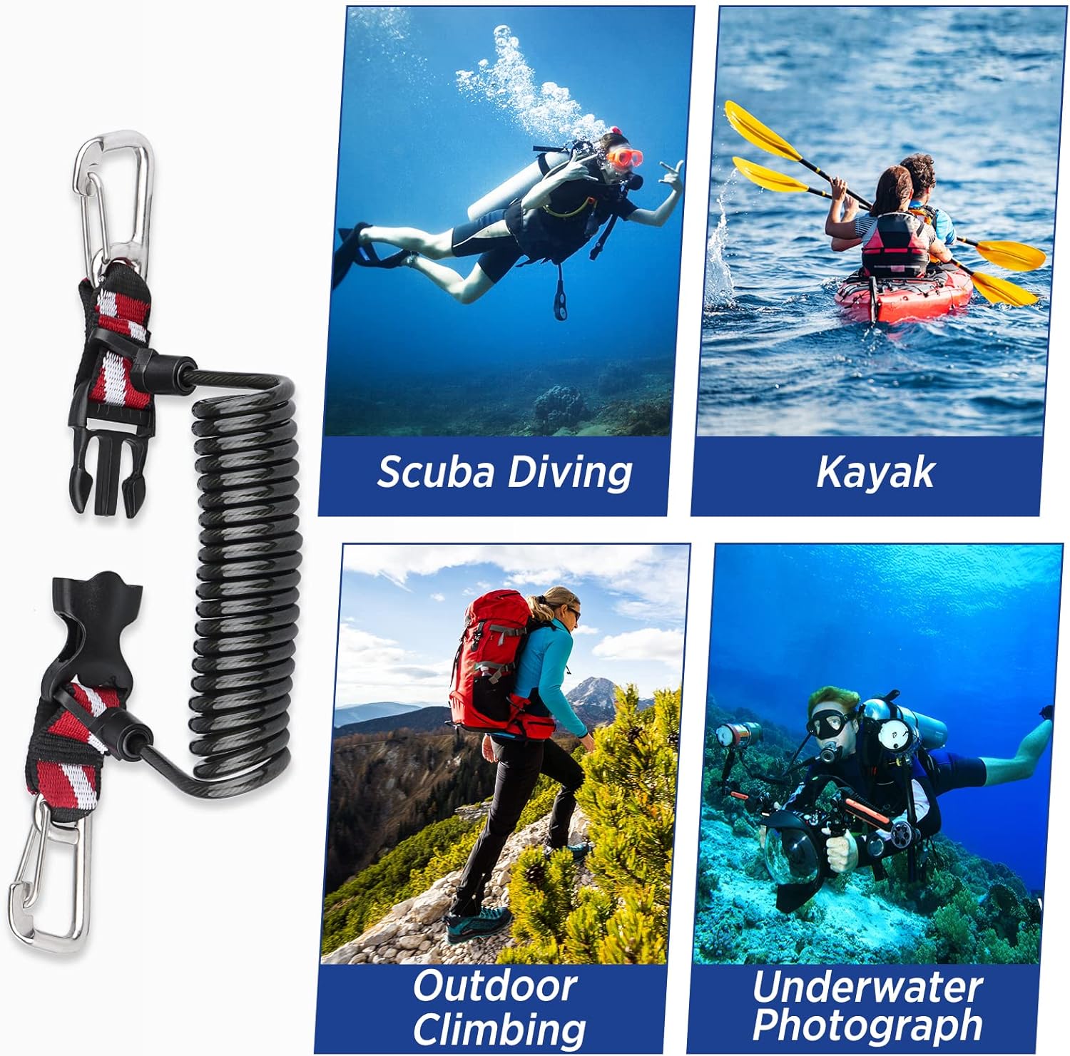 OVOVFANY scuba retractable lanyard with stainless steel double clips and spiral core for secure attachment and durability.