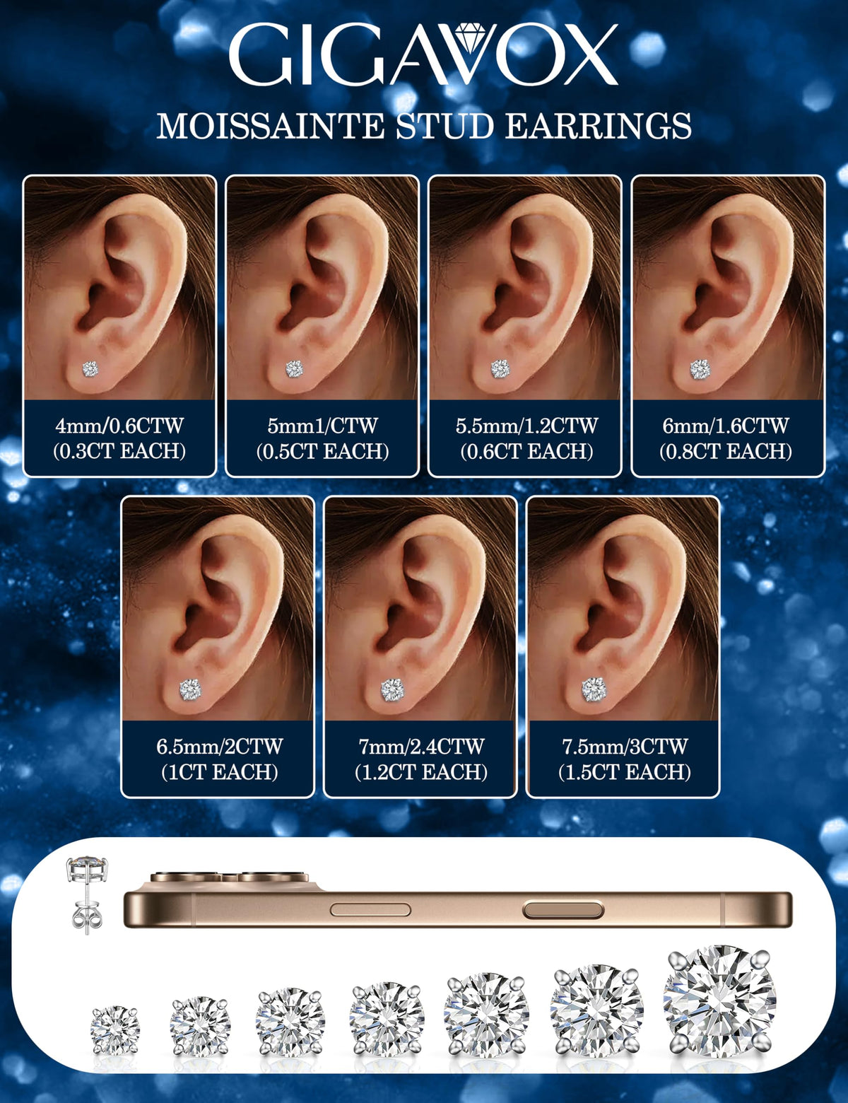 Moissanite Stud Earrings for Women Men 0 3 3 0CT Solid 925 - GIGAVOX Official Imagery - 3