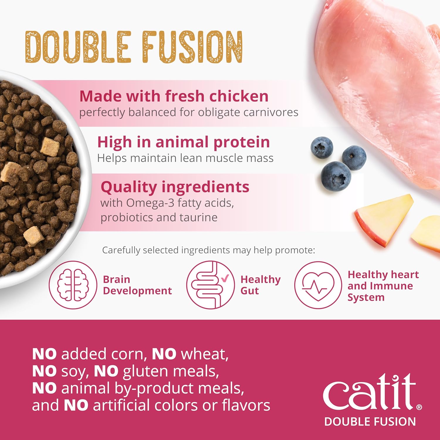 Catit Recipes Double Fusion Kitten Food with chicken, 96% animal protein, in a resealable pouch showing the kitten food packaging.