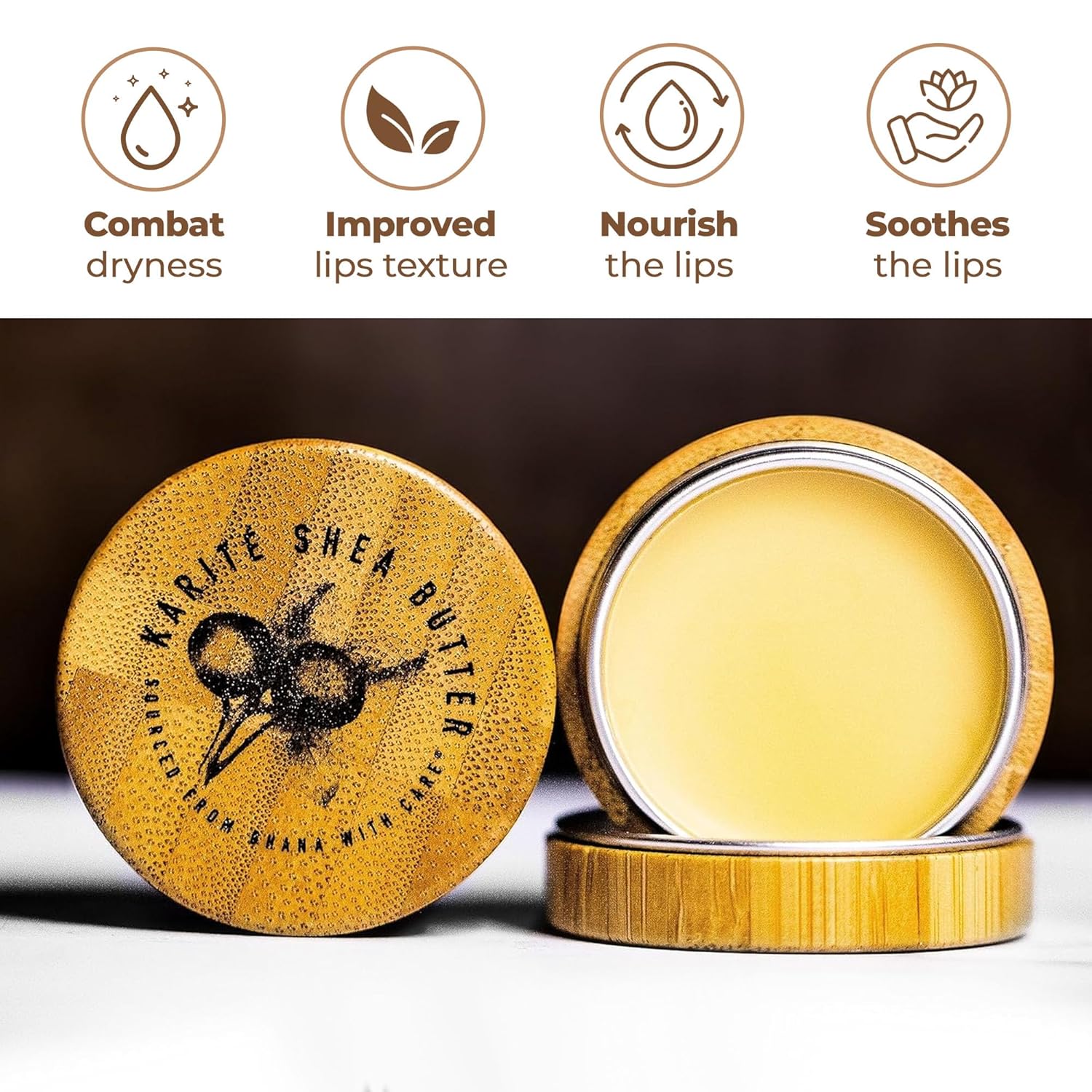 Karité Shea Butter Lip Balm in a container, designed for intense moisture and healing dry, cracked lips with natural shea butter.