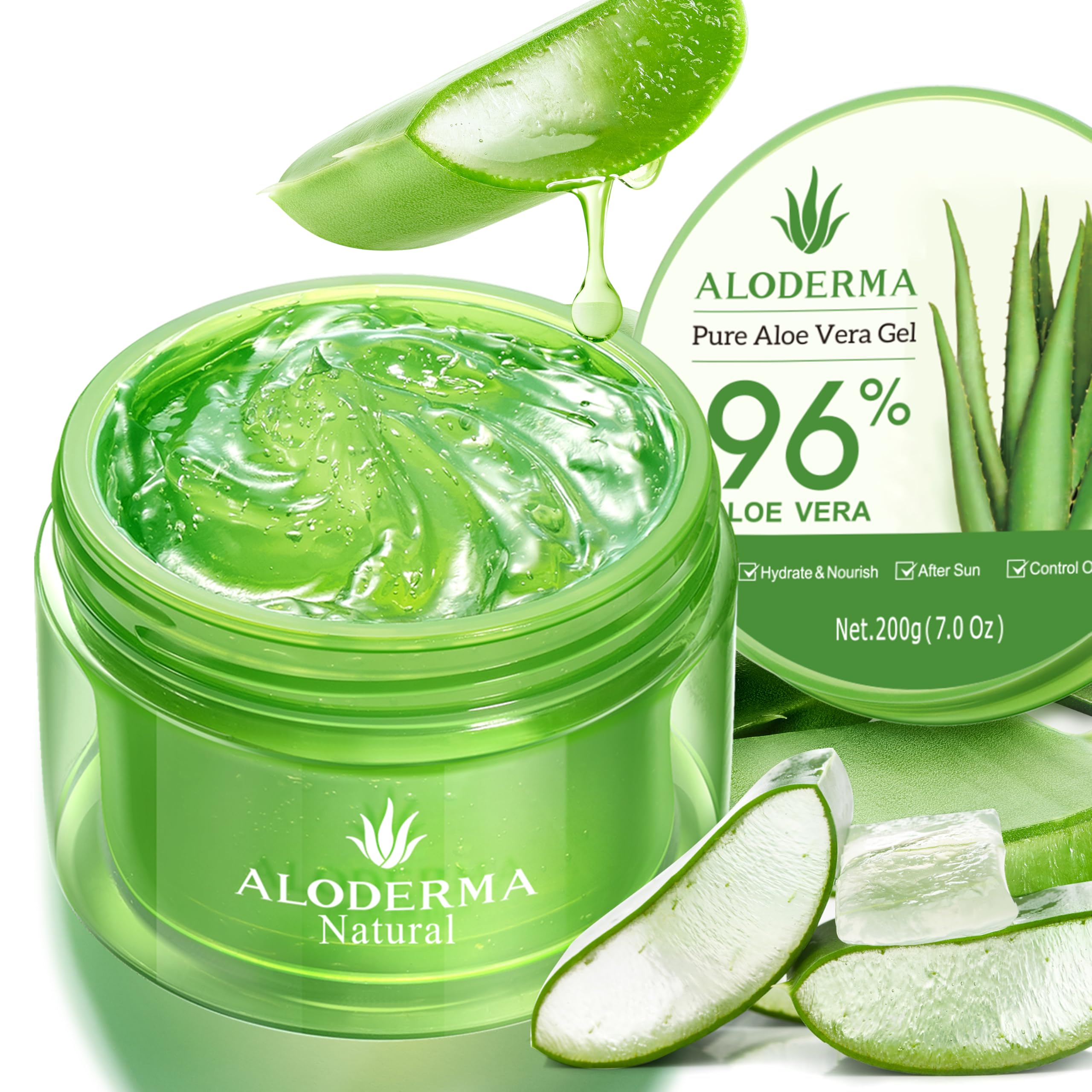 Aloderma Organic Aloe Vera Gel for skin, hair, and scalp in a 7.05oz jar, showcasing the soothing aloe vera product.
