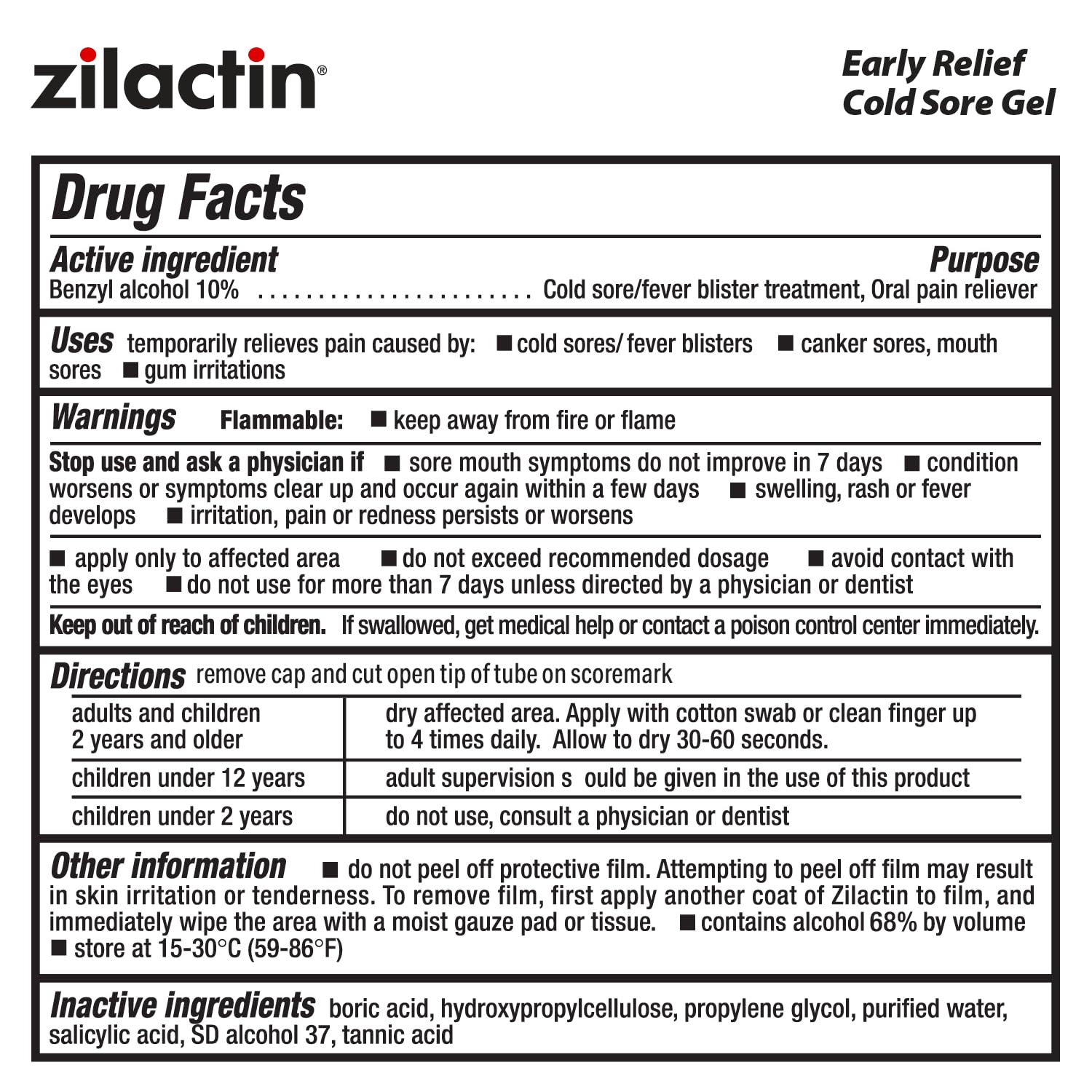 Zilactin Cold Sore Gel – Instant Relief, 6-Hour Protection, 0.25 oz