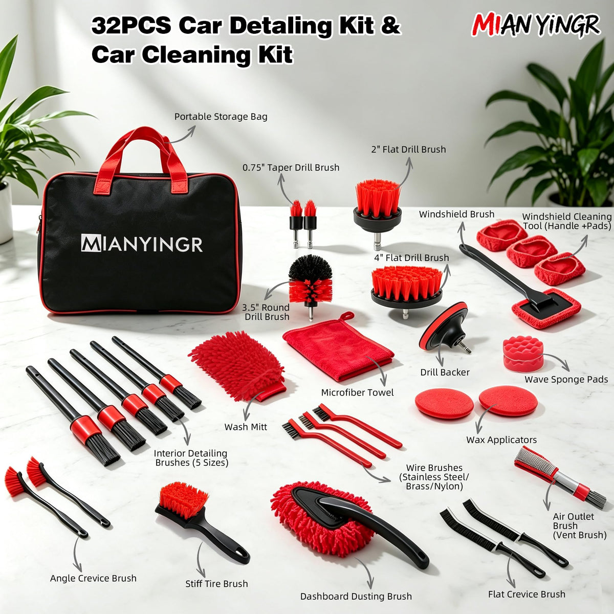 32Pcs Red Car Detailing Kit Brush Set Cleaning Kit with - MIANYINGR Official Imagery - 7