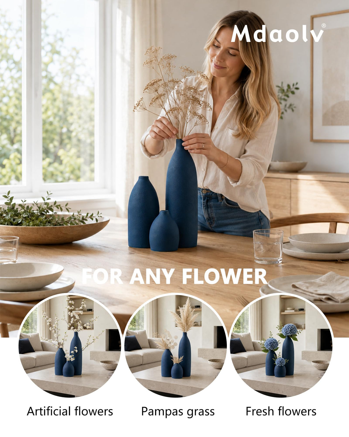 Mdaolv Matte Blue Vase Set Navy Blue Decor Coastal Decor - Mdaolv Official Imagery - 5