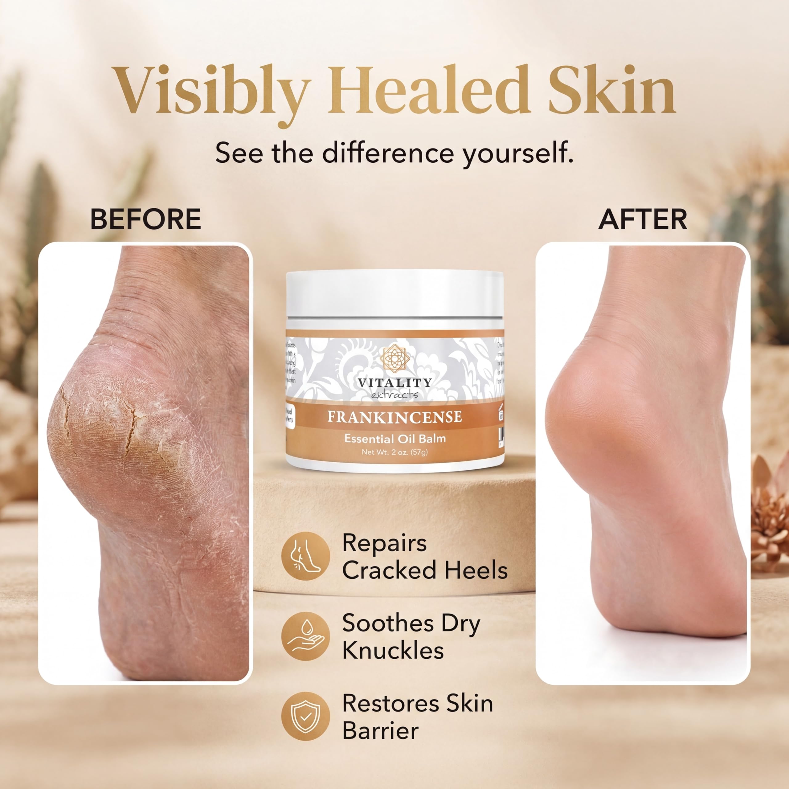 Vitality Extracts Frankincense Balm skin moisturizer with beeswax and vitamin E, showing a jar of nourishing balm for skin care.