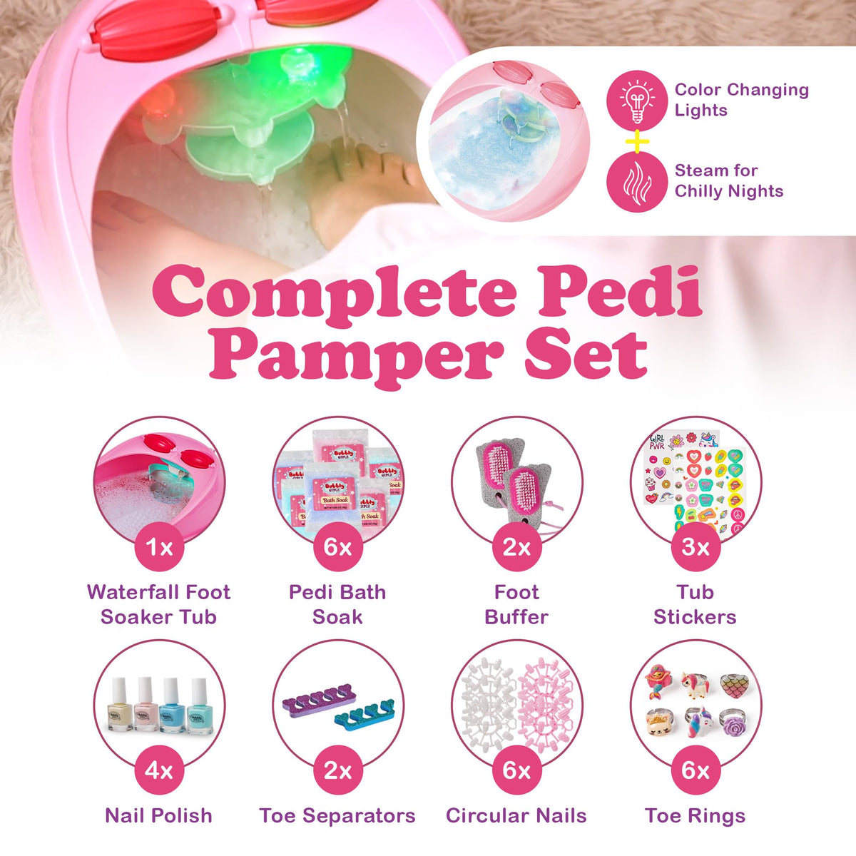 42 PCs Kids Spa Day Kit for Girls Ages 6 12 Waterfall Foot - Bubbly Girlz Official Imagery - 4