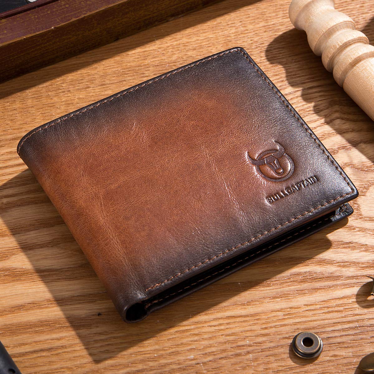BULLCAPTAIN RFID Wallet Men Genuine Leather 11 Card Slots Brown