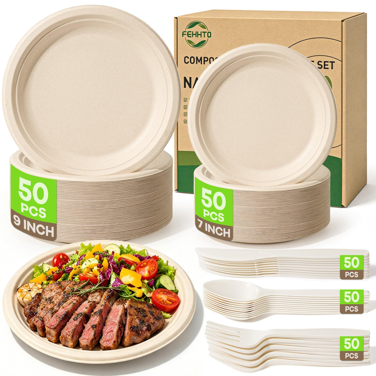 Compostable Paper Plates Set 250PCS Disposable Heavy Duty - FEHHTO Official Imagery - 1