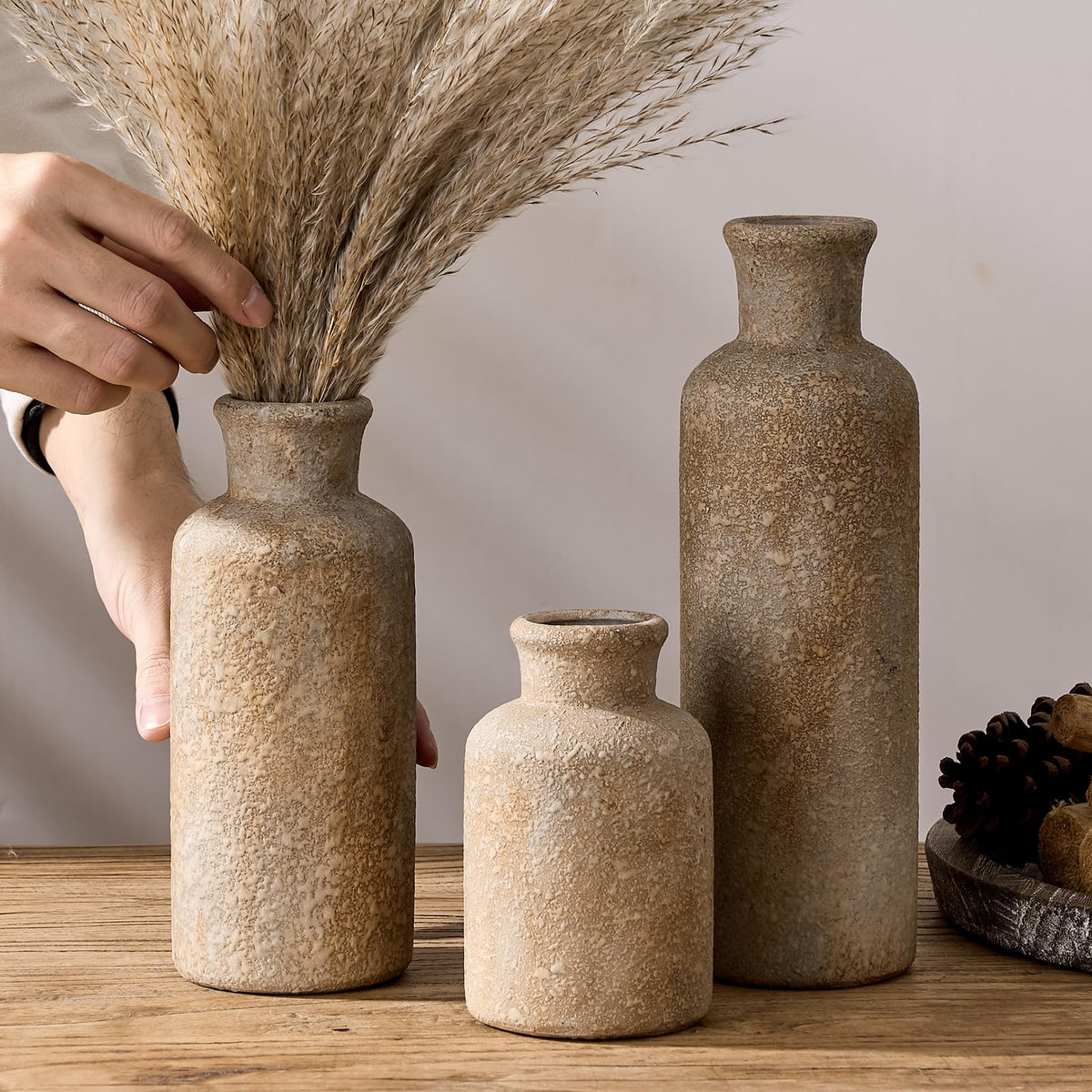 Ceramic Rustic Farmhouse Vase Set of 3 Terracotta Vases for - LUKA Official Imagery - 5