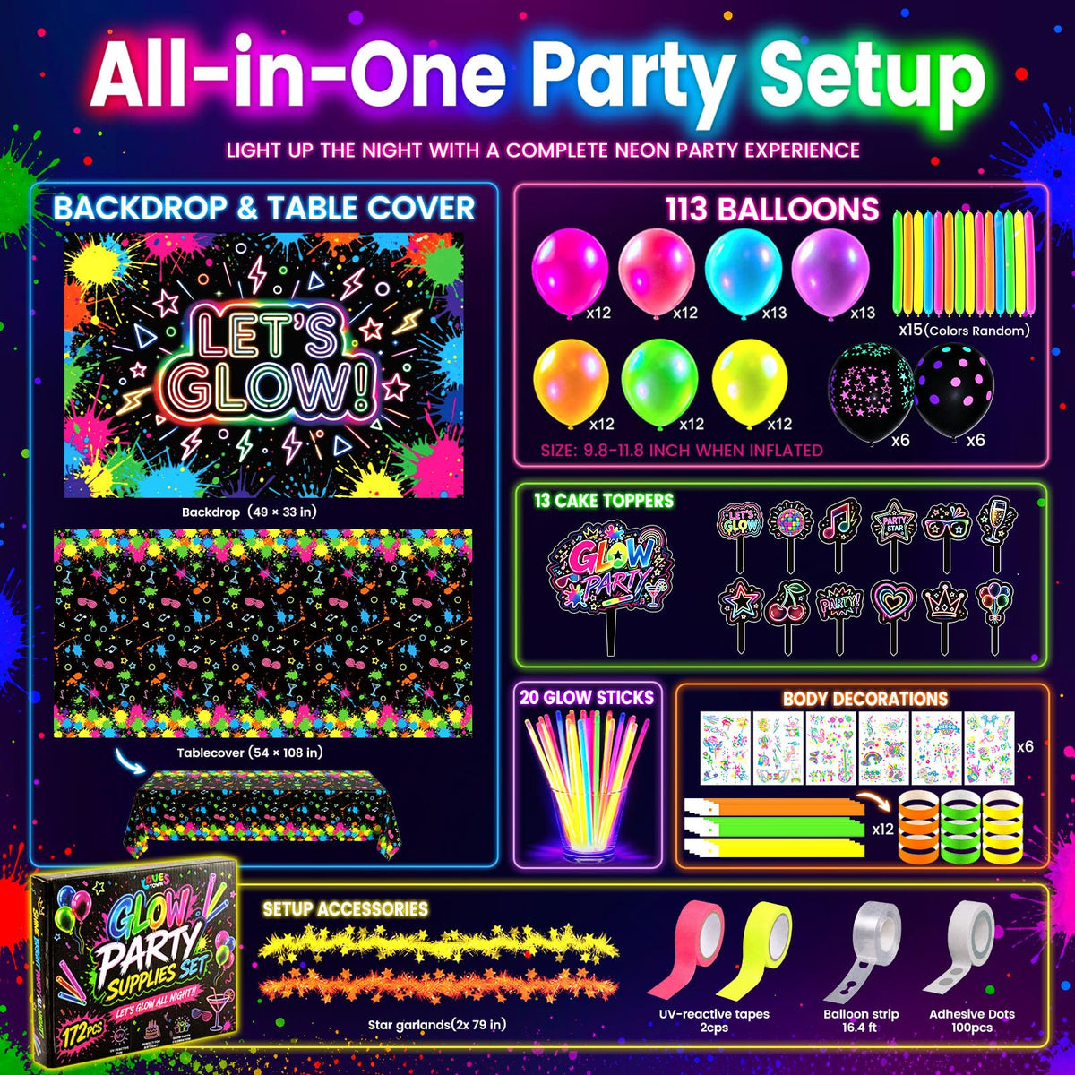 LovesTown 192PCS Glow in The Dark Party Decorations Kit with - LovesTown Official Imagery - 3