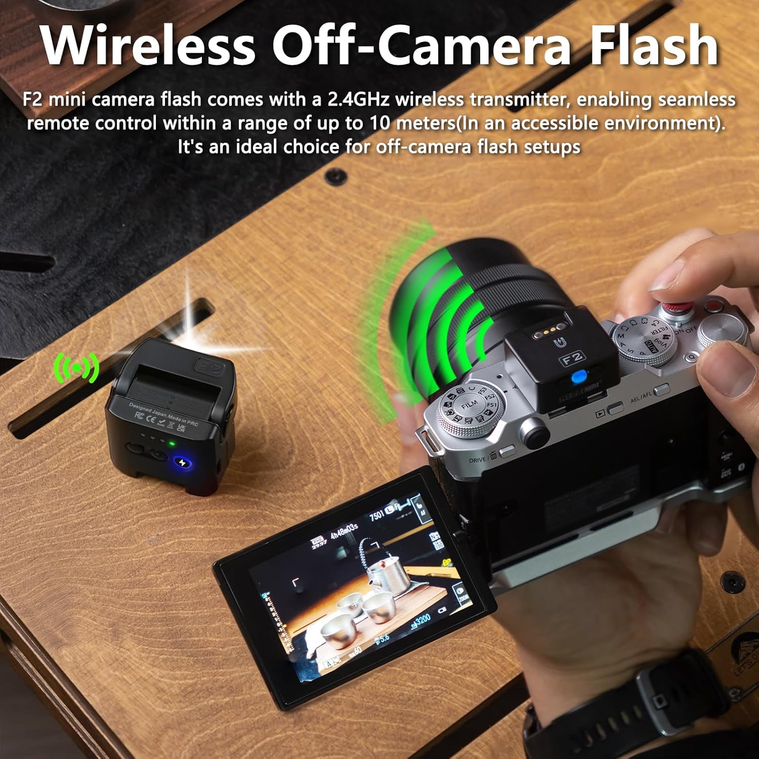 MEDALight F2 Mini Camera Flash with 2.4GHz wireless off-camera flash system for professional photography lighting.