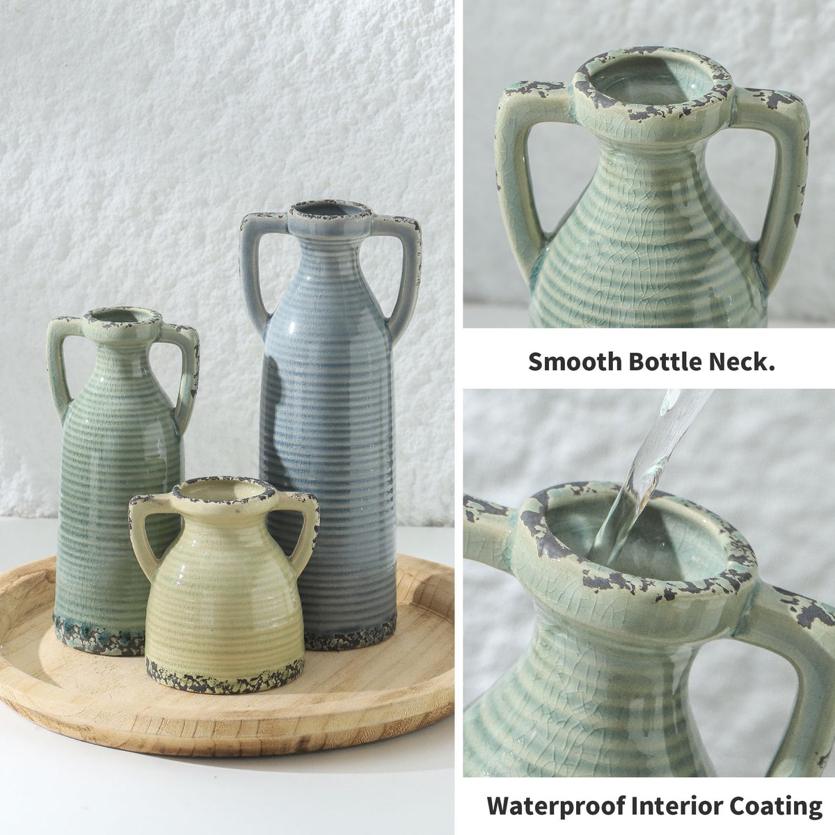 Ceramic Vase Set of 3 Rustic Crackle Farmhouse Vases for - Lyeec Official Imagery - 5