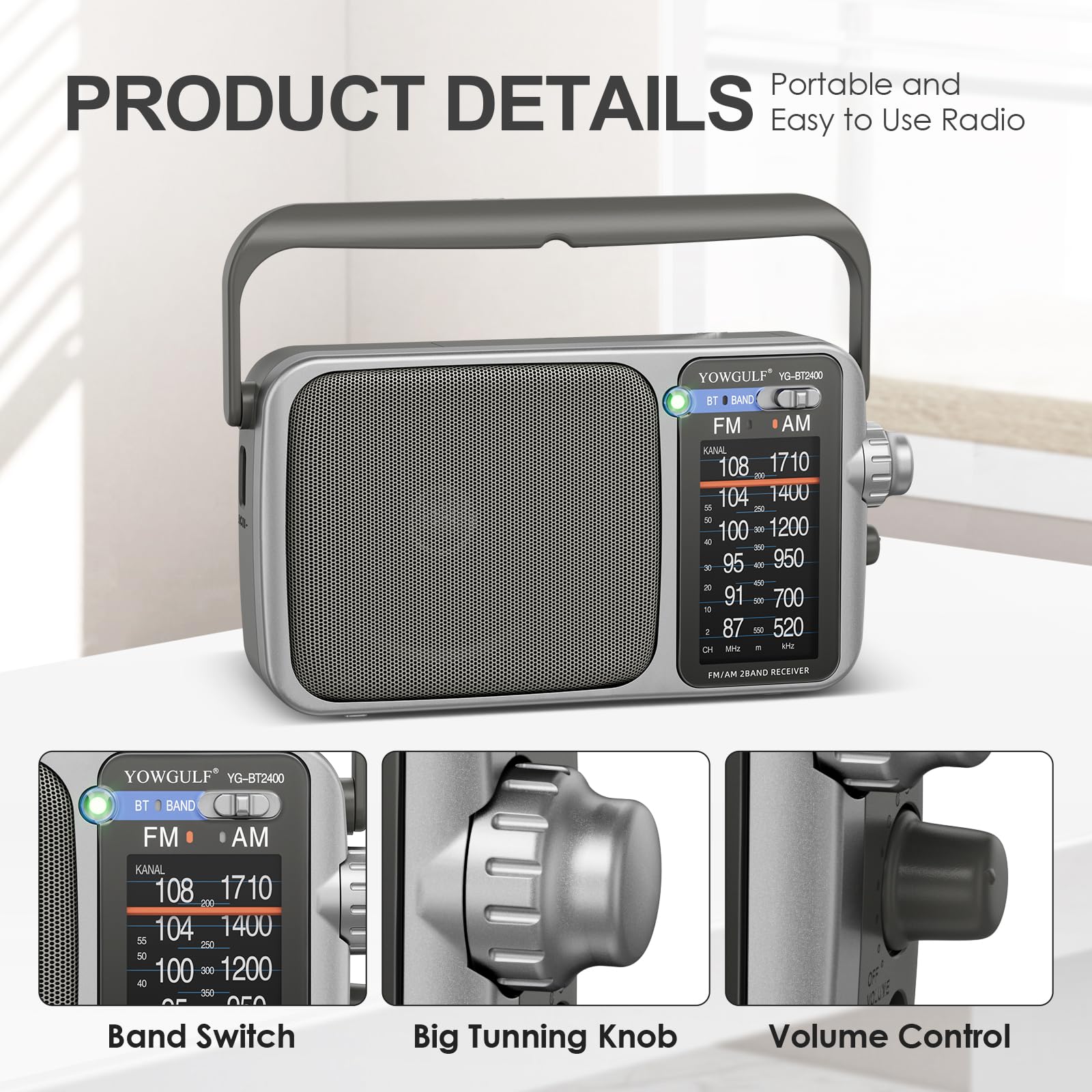 YOWGULF Portable AM FM Radio Battery or AC Power
