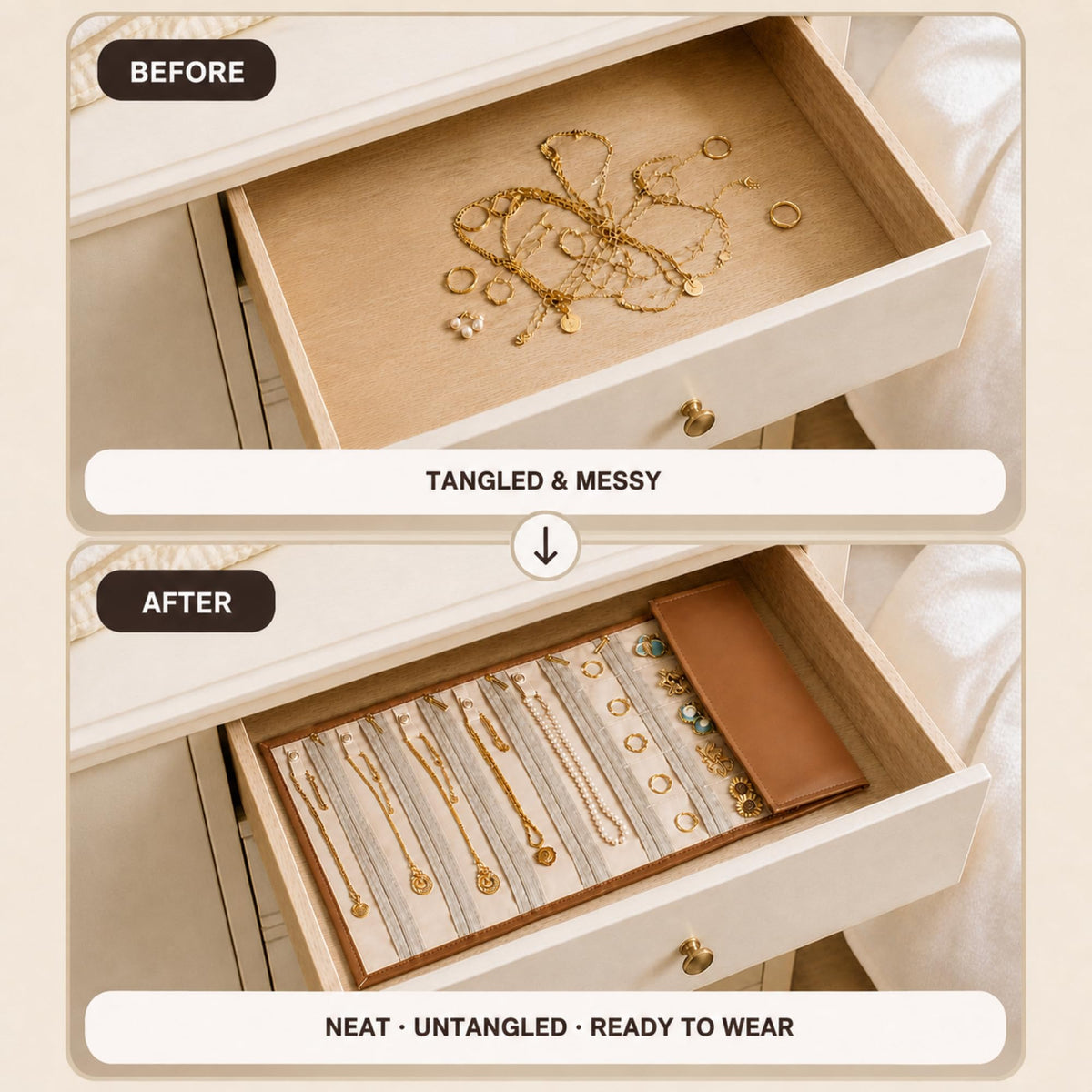 Travel Jewelry Roll Organizer for Necklaces Earrings Rings - Premium Selection Official Imagery - 3