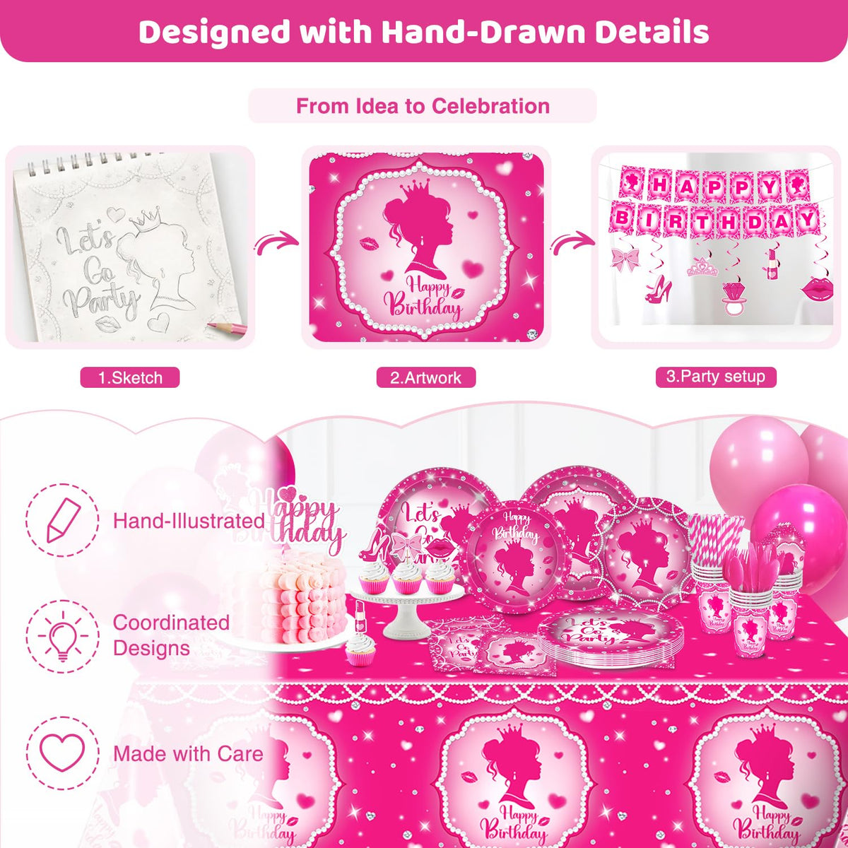 Hand Drawn Hot Pink Birthday Decorations 24 Guests Party - julyshy Official Imagery - 8
