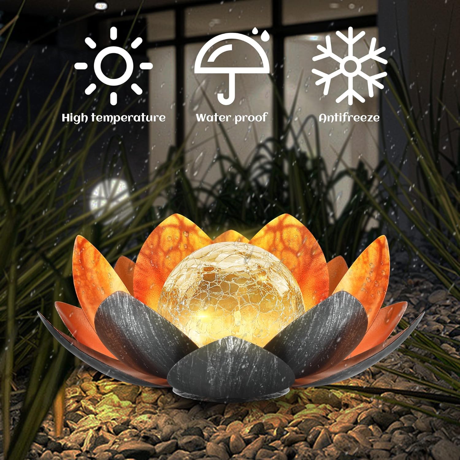 QZHP outdoor solar garden decor with crackle glass globe, waterproof outdoor lighting for illuminating gardens and pathways.