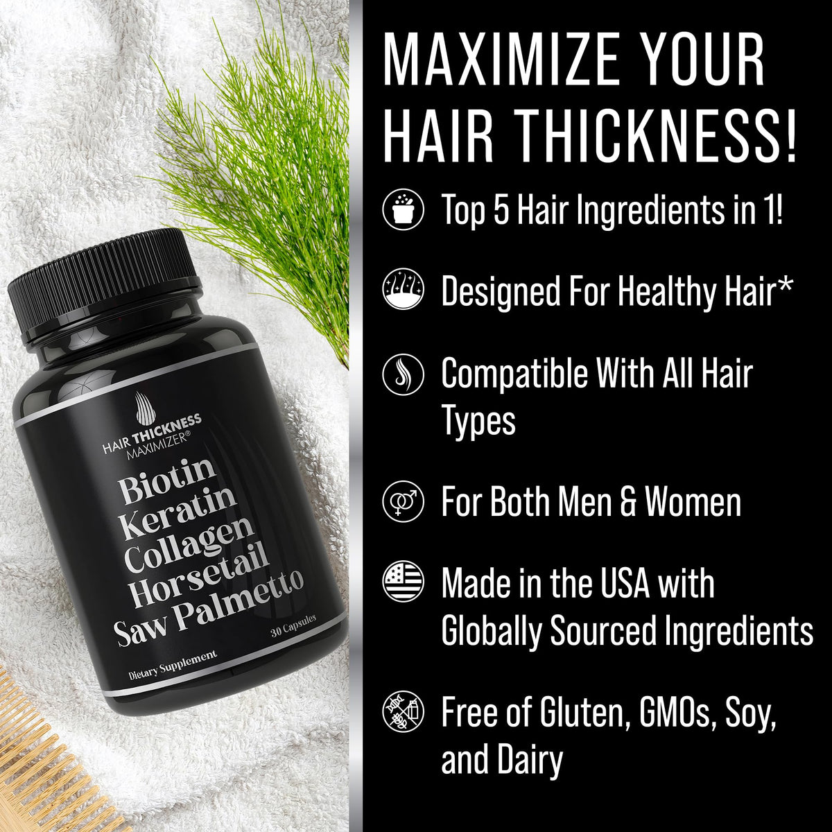 Biotin 5000mcg Keratin Collagen Horsetail Saw Palmetto USA - Hair Thickness Maximizer Official Imagery - 3