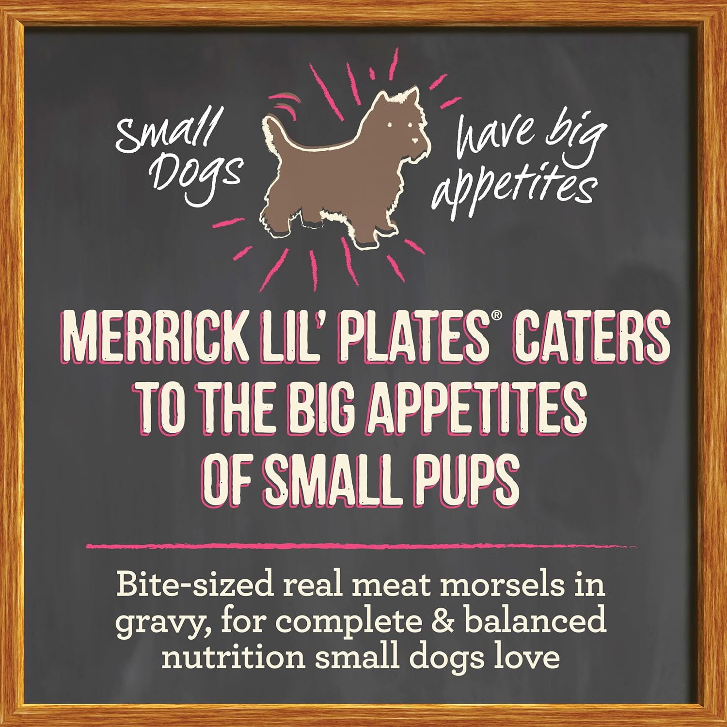 Canned Merrick Lil’ Plates grain-free and gluten-free wet dog food for small dogs in a round metal can with label showing dog food and ingredients