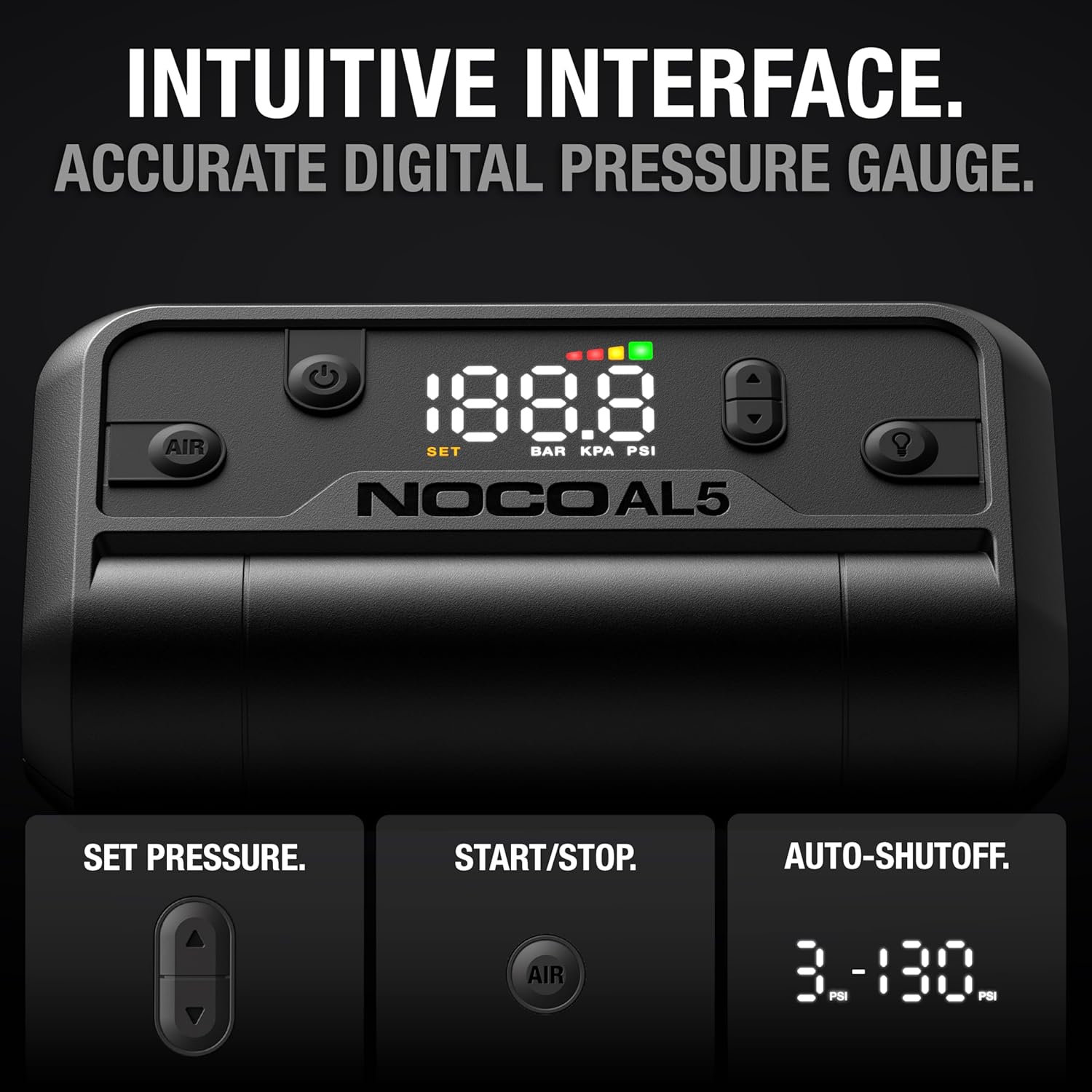 NOCO Air AL5 cordless tire inflator with digital display, portable rechargeable air compressor for easy tire inflation.
