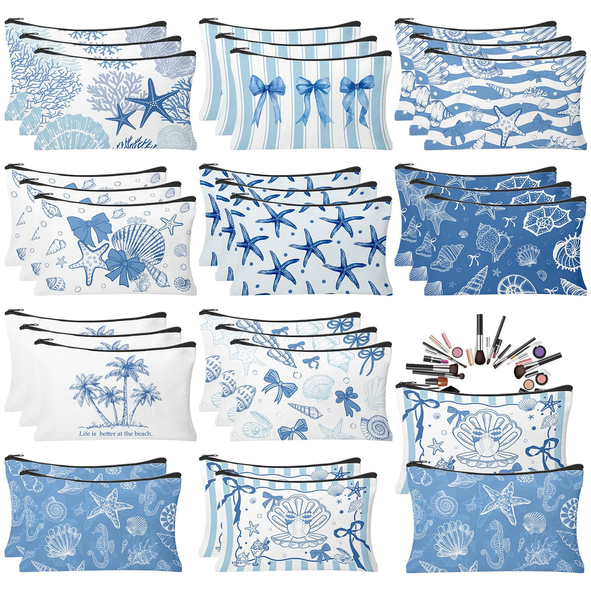 30 Pcs Coastal Makeup Bags Blue Bow Seashell Makeup Bag - HSDSH Official Imagery - 1