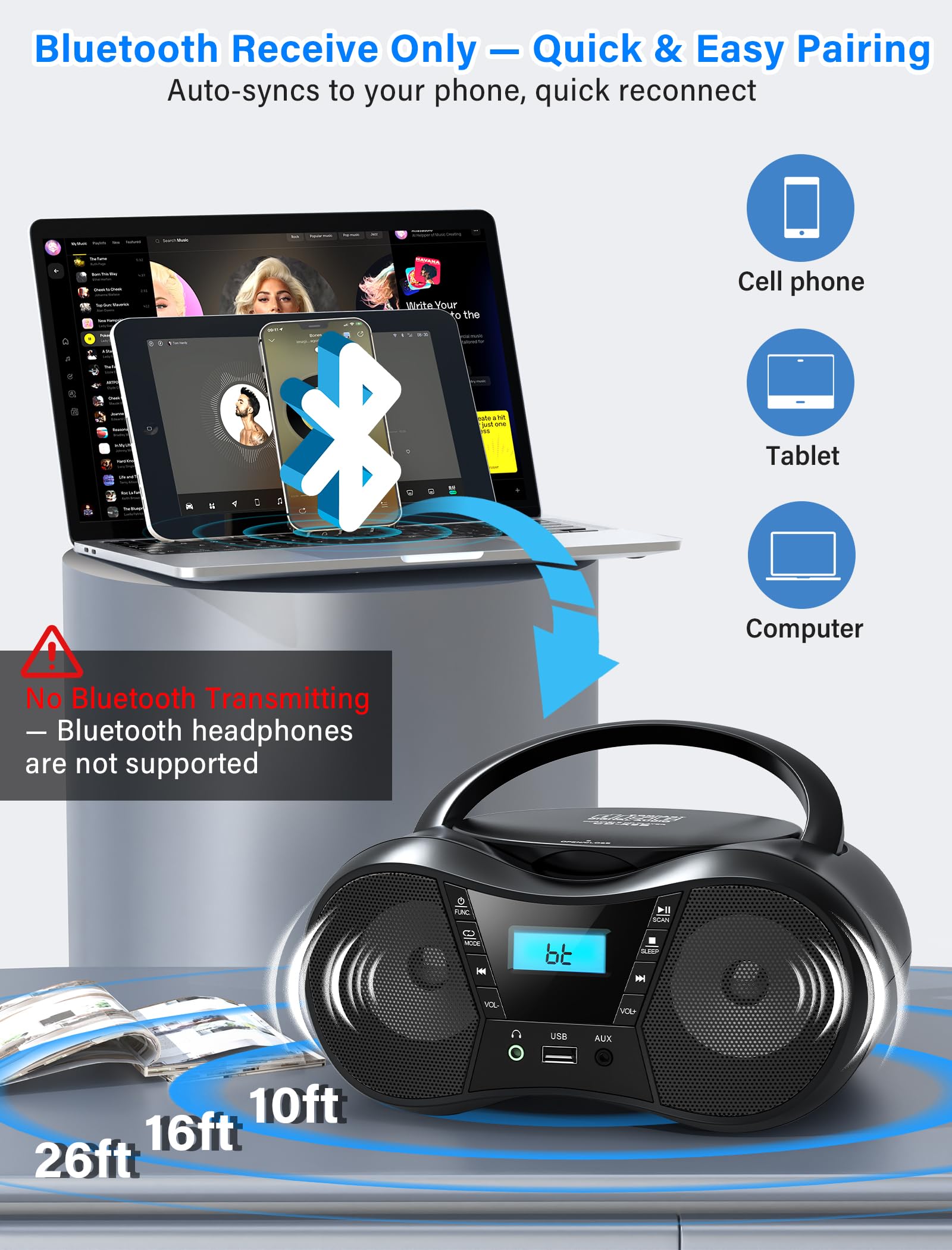 Greadio Portable Boombox CD Player with Bluetooth