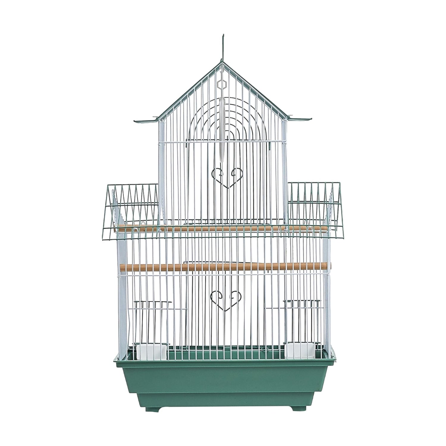 Prevue Pet Products Shanghai Parakeet Cage in green and white with perches and seed trays for small birds.