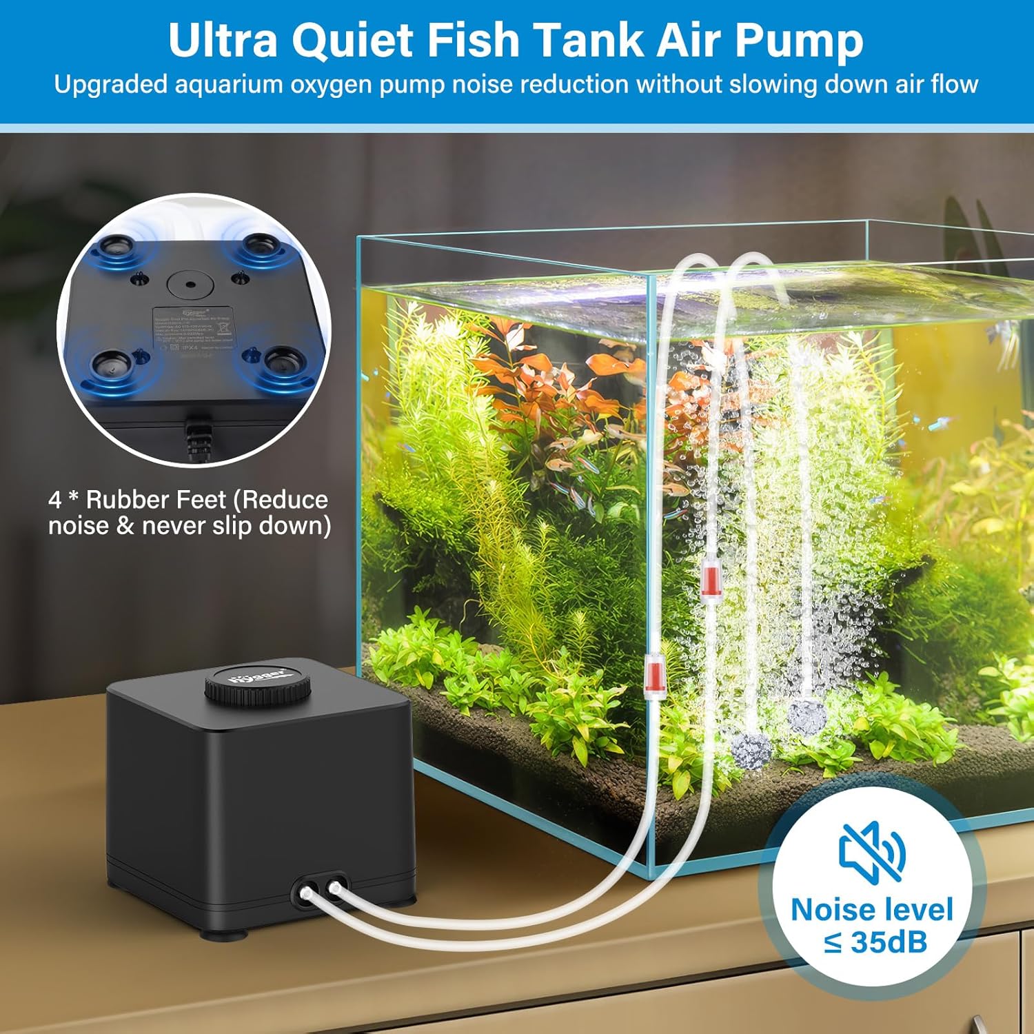 hygger aquarium air pump with 7W power, quiet operation, adjustable airflow, designed for fish tanks and oxygenation.