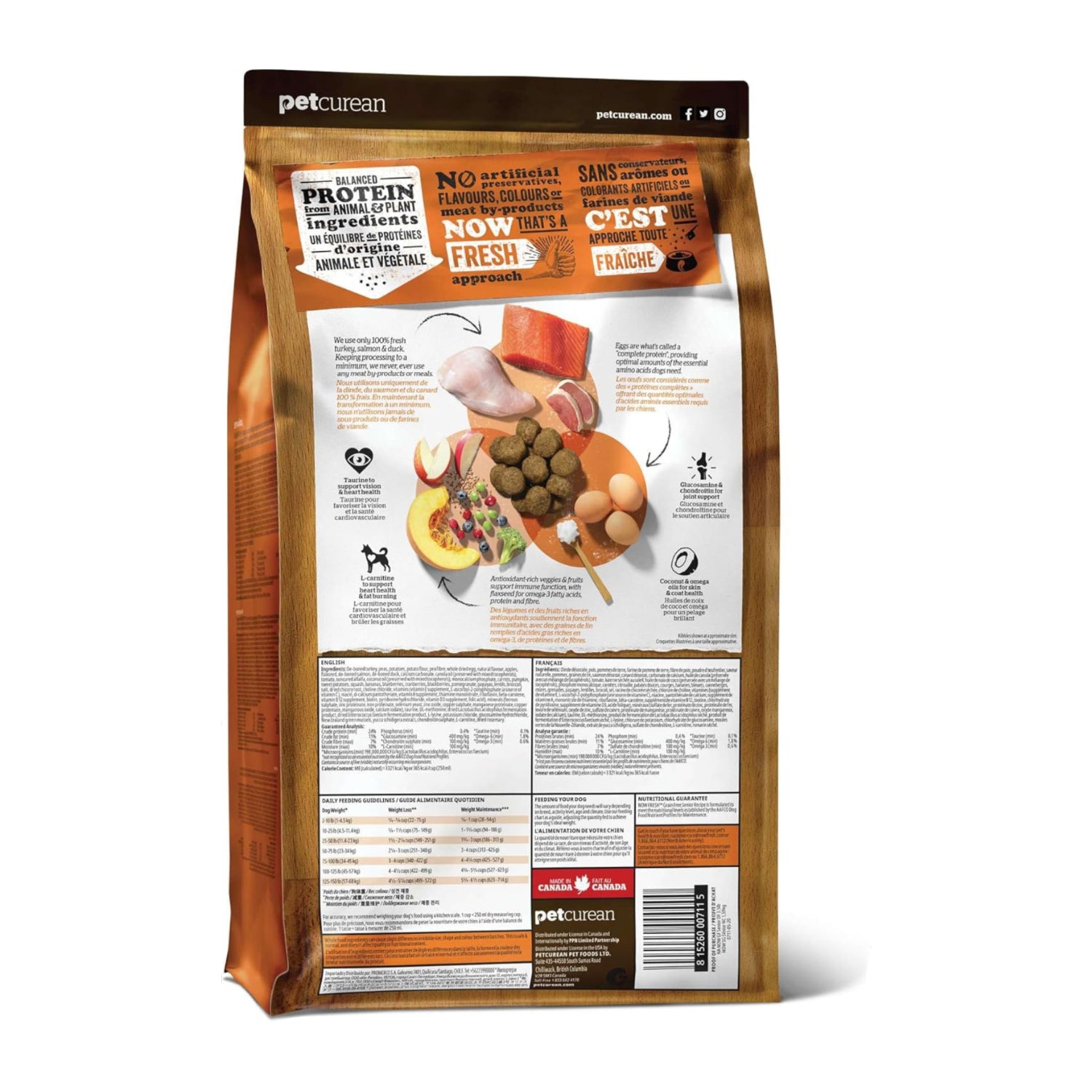 Now Fresh grain-free dry dog food bag featuring real turkey, salmon, and duck for senior dogs of all sizes.