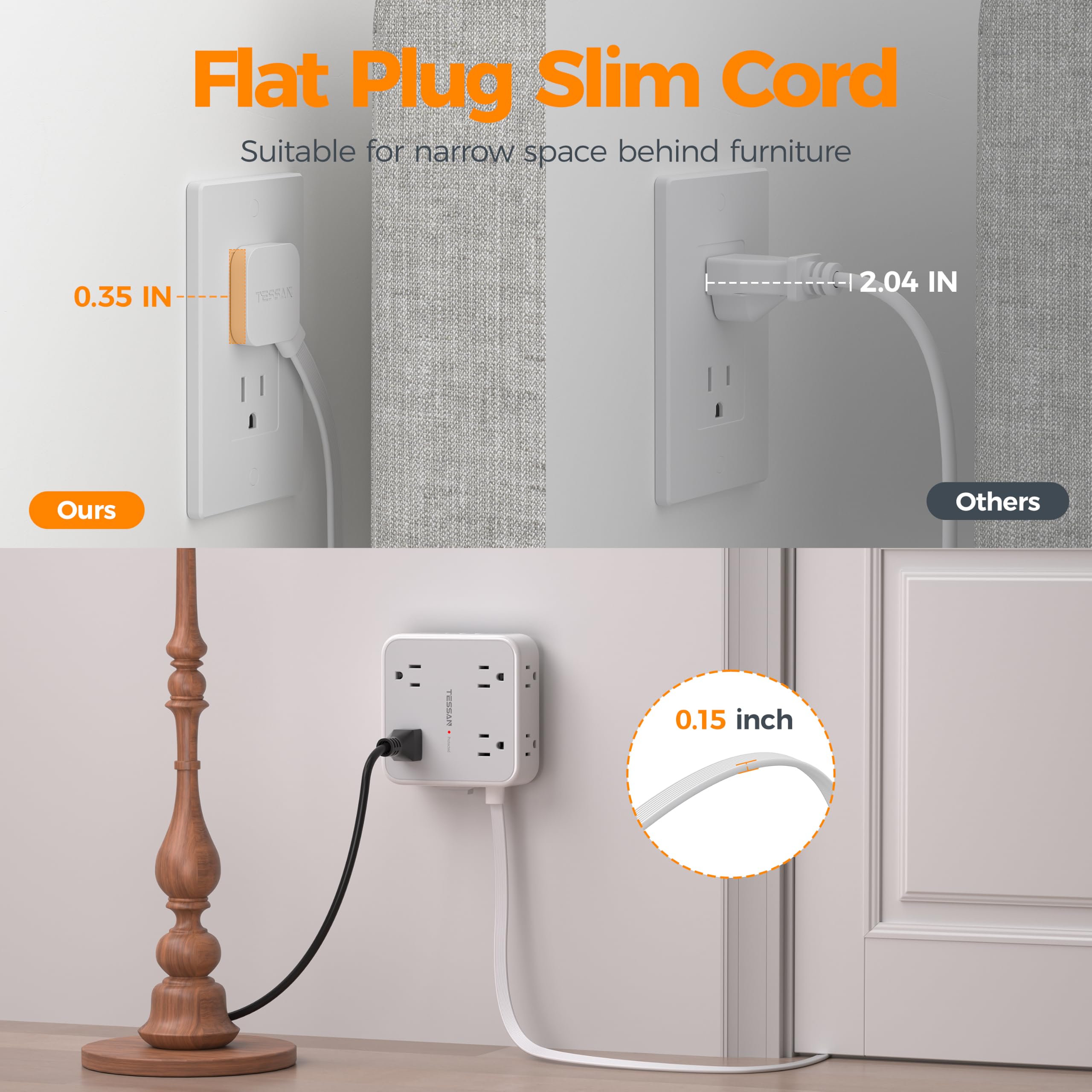 TESSAN grey surge protector power strip with 10-foot cord and 900J surge protection, shown with multiple outlet ports.