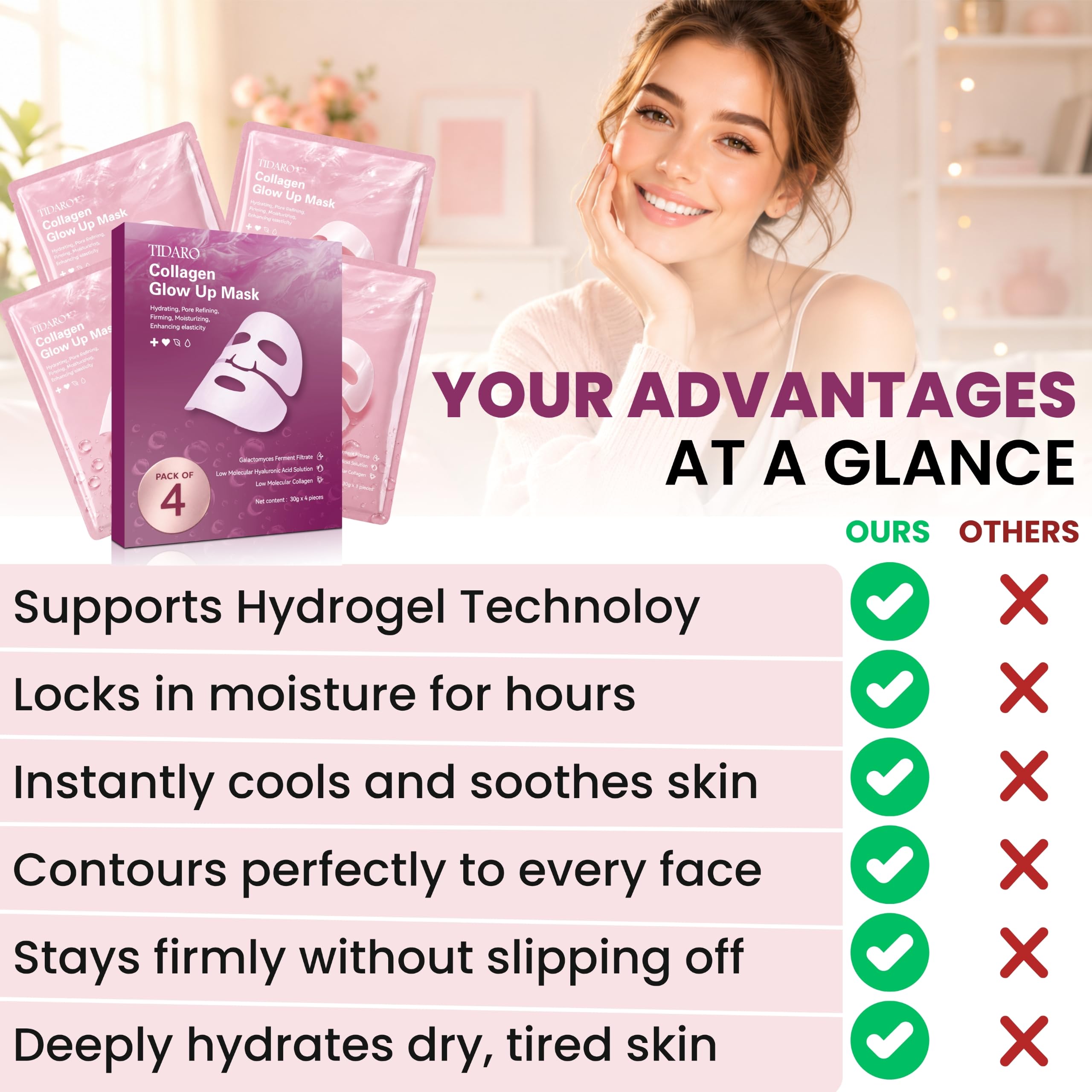 Premium 4 Masks Collagen Face Overnight Korean Hydrating Facial - TIDARO