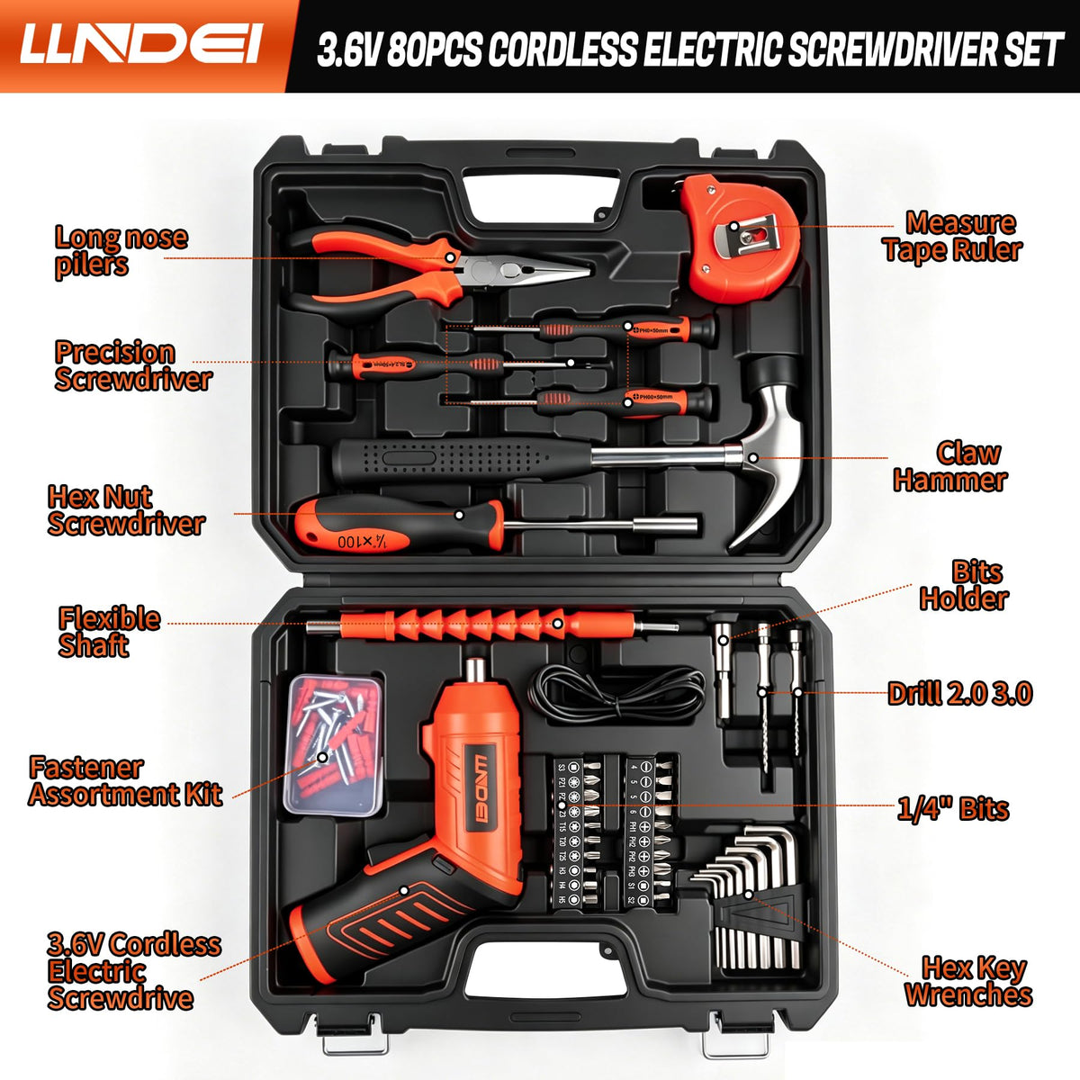 LLNDEI 80pcs Tool Box Set with 3 6V Electric Screwdriver - LLNDEI Official Imagery - 3
