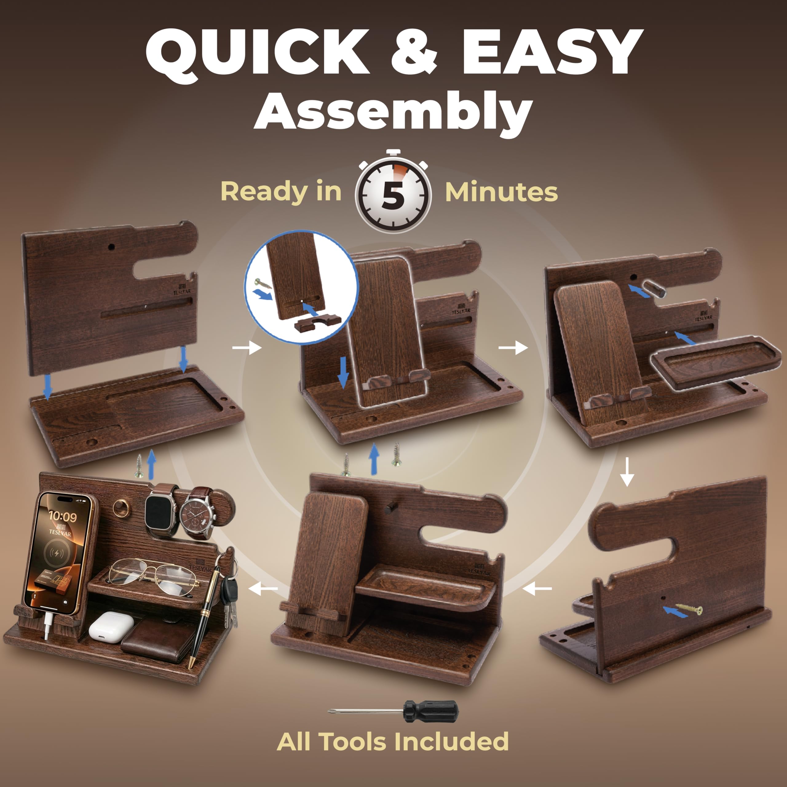 TESLYAR Wood Phone Docking Station for Men - Desk or Nightstand Organizer - Birt - TESLYAR Official Product View 6