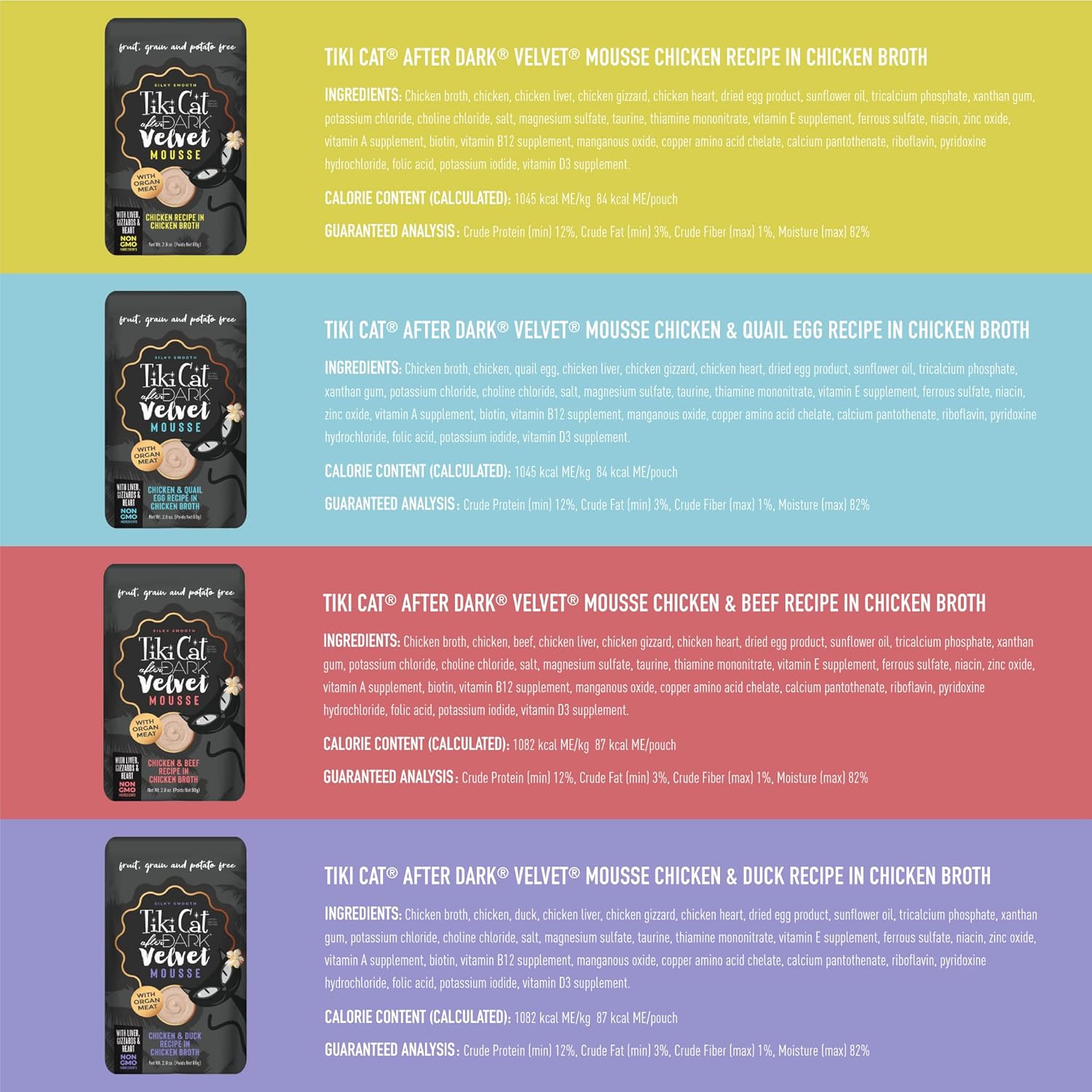 TIKI PETS Tiki Cat After Dark Velvet Mousse variety pack featuring grain and potato-free cat food pouches