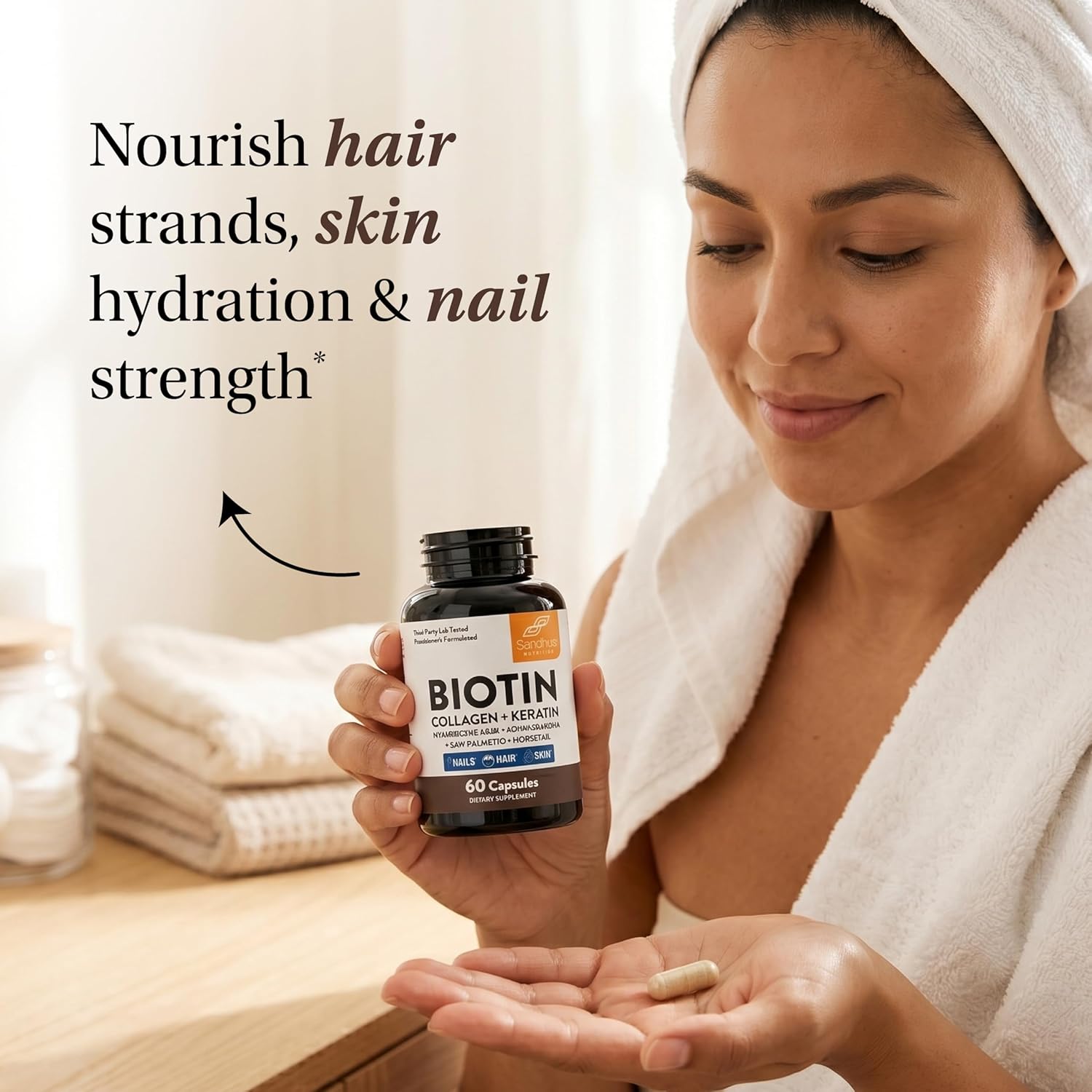 Sandhu's Biotin, Collagen, and Keratin Complex supplement bottle for supporting healthy hair growth and strength.